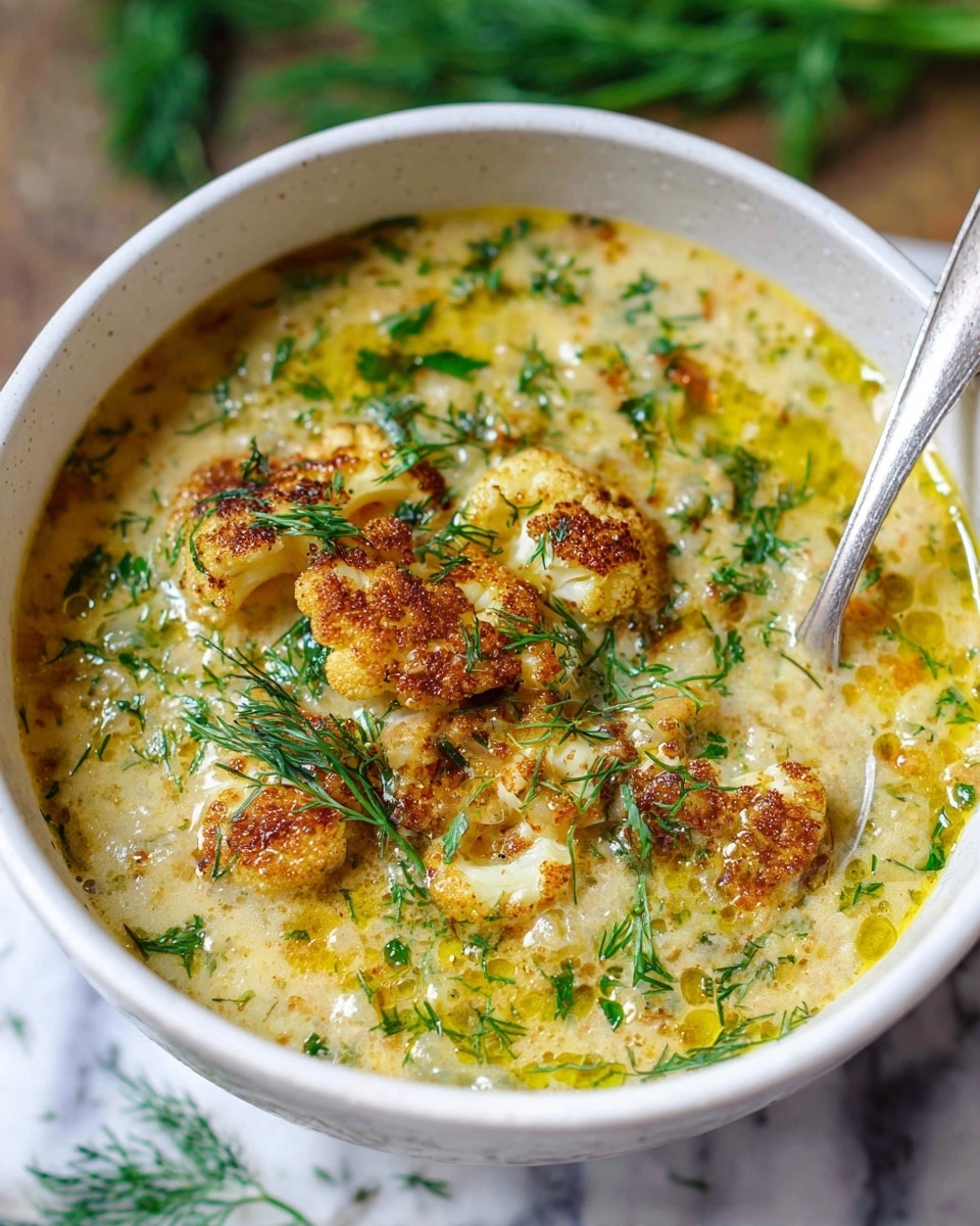 A white bowl filled with a creamy soup that has a golden-yellow oily surface and specks of green fresh dill scattered all over. In the center, there are three browned, crispy roasted cauliflower florets sitting on top of the soup, showing their textured, crunchy edges. The soup looks thick and rich with visible small cooked ingredients and herbs mixed in. The bowl is placed on a surface with white marbled texture, and some green dill is blurred in the background. photo taken with an iphone --ar 4:5 --v 7