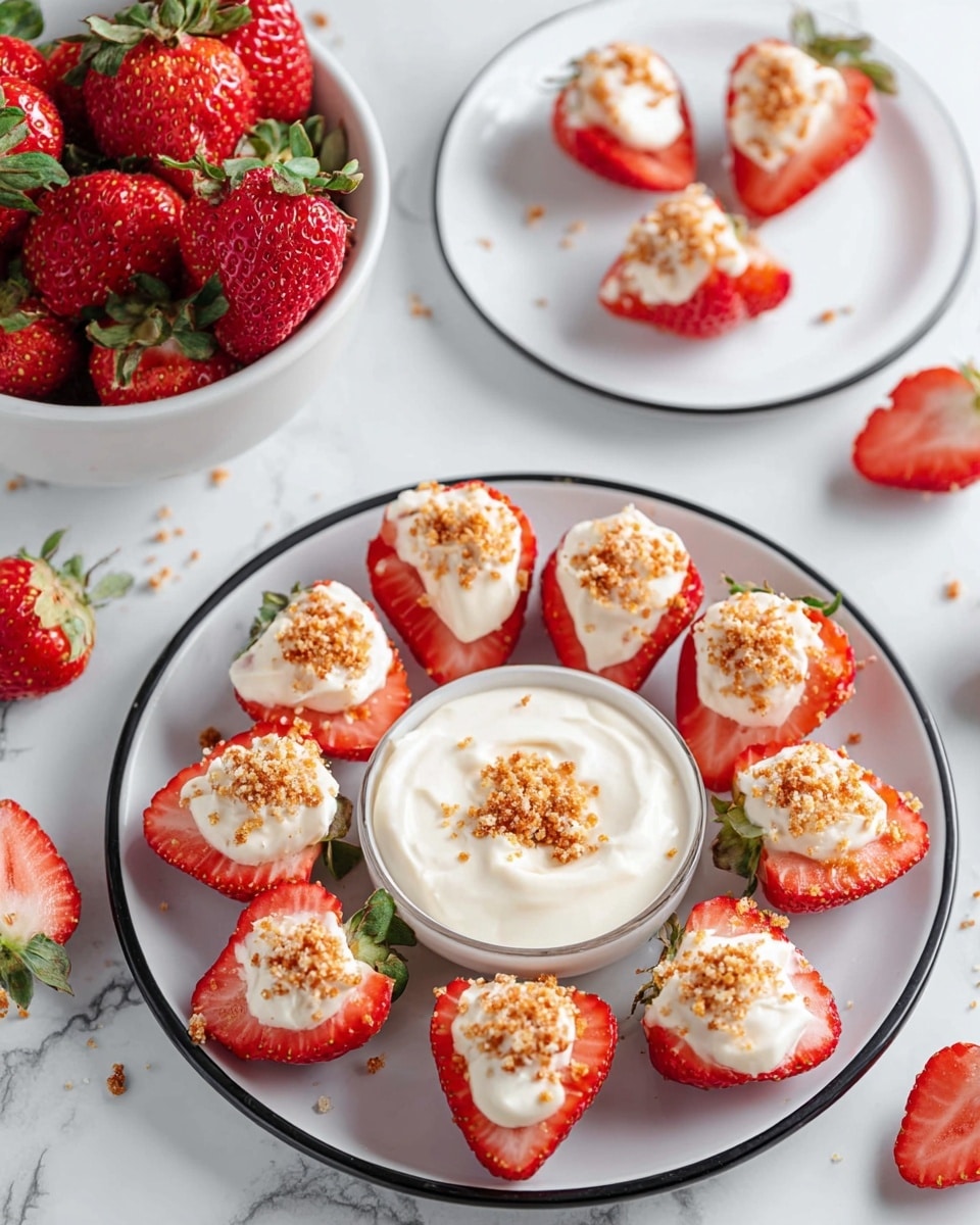 The image shows several strawberry halves placed on a white plate with a thin black rim, arranged close together. Each strawberry half has a bright red color with visible juicy texture and white inner part near the stem end, topped with a dollop of smooth white cream. On top of the cream, there are small orange and light brown crumbs sprinkled evenly, adding a crunchy texture contrast. To the right side of the plate, a white bowl filled with the same creamy mixture and crumb topping is partially visible. The plate is set on a white marbled surface with a green strawberry leaf and part of a red whole strawberry in the lower left corner, along with a corner of a white cloth with black dots. Photo taken with an iphone --ar 4:5 --v 7