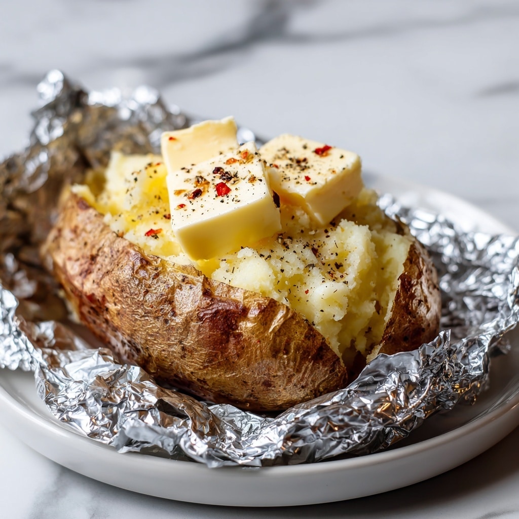 A baked potato cut in half with the inside scooped and mashed roughly. The potato skin is brown and holds the golden-yellow mashed potato. On top are two small cubes of melting white butter placed in the center. The mashed potato has a soft, crumbly texture with visible black pepper sprinkled over it. The potato is placed on crumpled shiny silver foil, resting inside a dark cooking pot, all against a white marbled texture background. photo taken with an iphone --ar 4:5 --v 7