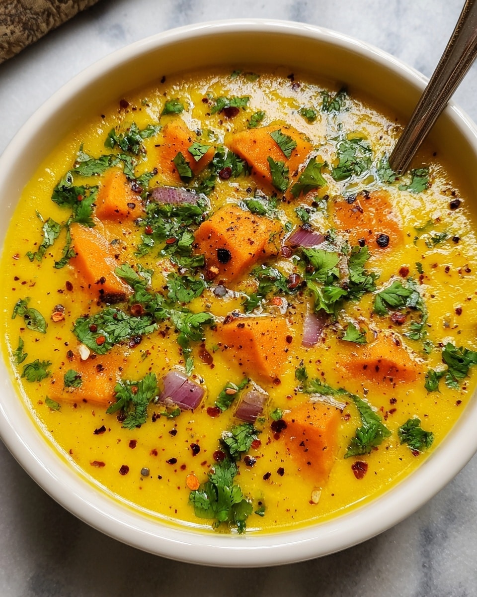 A close-up view of a white bowl filled with a creamy yellow soup that has a smooth texture with small droplets of oil on the surface. Bright orange chunks of sweet potato are scattered evenly on top. Fresh green cilantro leaves are spread across the soup, adding a touch of brightness. Red chili flakes and freshly ground black pepper are sprinkled all over, adding specks of red and black. There are also a few thin slices of light purple onion partially submerged in the soup. The bowl is placed on a white marbled surface. A silver spoon is resting on the edge of the bowl, slightly visible in the background. photo taken with an iphone --ar 4:5 --v 7