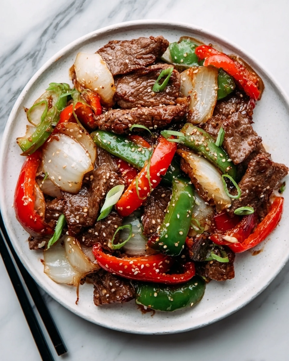 The image shows a white plate with a mix of cooked beef slices, red and green bell pepper pieces, and chunks of cooked white onion, all stir-fried together. The beef pieces are brown and look tender with a slightly shiny surface, while the peppers add bright colors with shiny red and green patches. The white onion pieces are soft, slightly translucent, and curved. Small sesame seeds are sprinkled evenly on top, adding texture. The plate sits on a white marbled surface with black chopsticks resting nearby. Photo taken with an iphone --ar 4:5 --v 7
