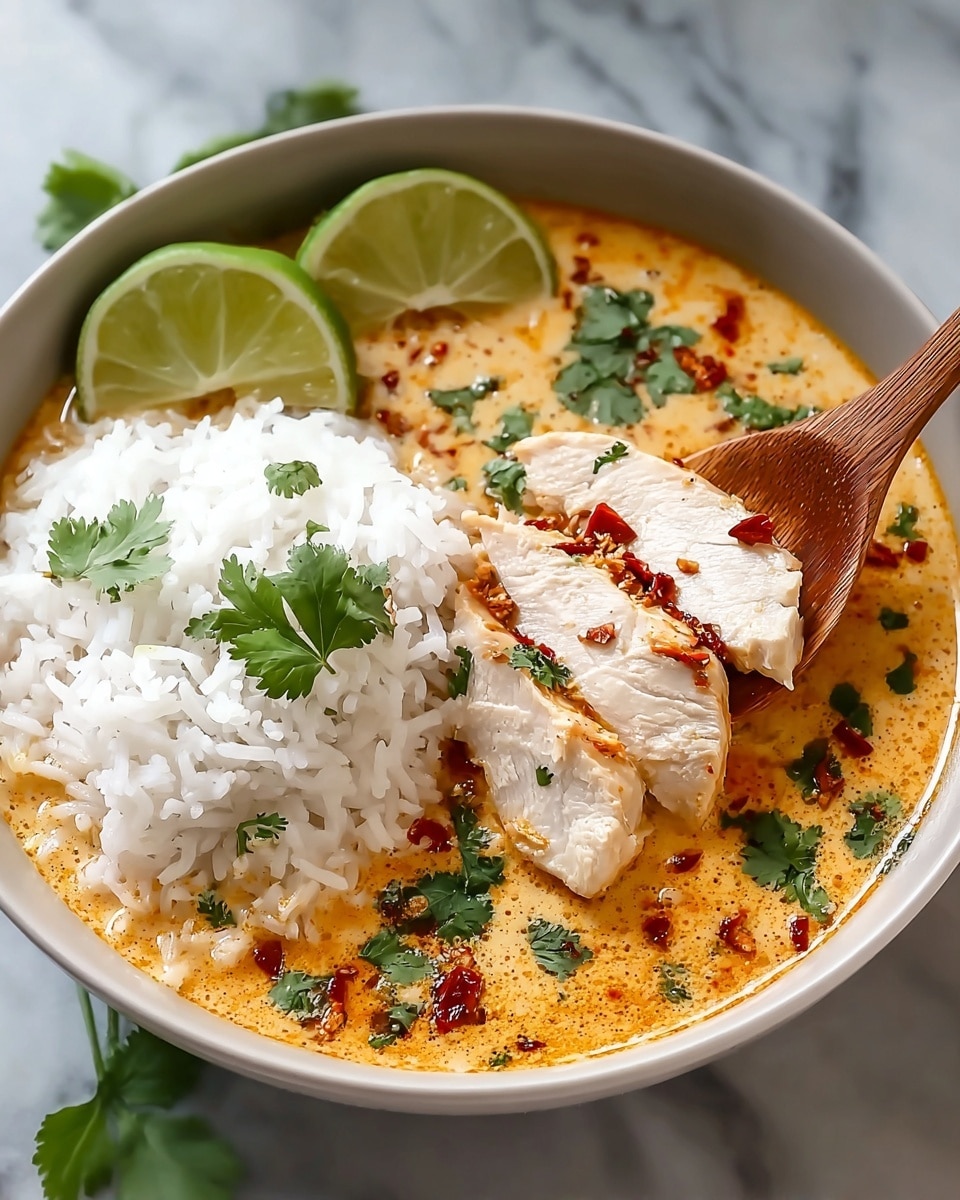 A bowl filled with two main parts, the left side has a mound of white rice topped with a few green cilantro leaves, while the right side holds a creamy orange curry with visible green cilantro pieces mixed in. In the curry, there is a large thick piece of sliced white chicken breast with a dollop of red chili paste on top. Two wooden spoons rest inside the bowl, one supporting the chicken. A fresh green lime wedge leans against the rice near the back. The bowl is dark grey and sits on a white marbled surface. Photo taken with an iphone --ar 4:5 --v 7