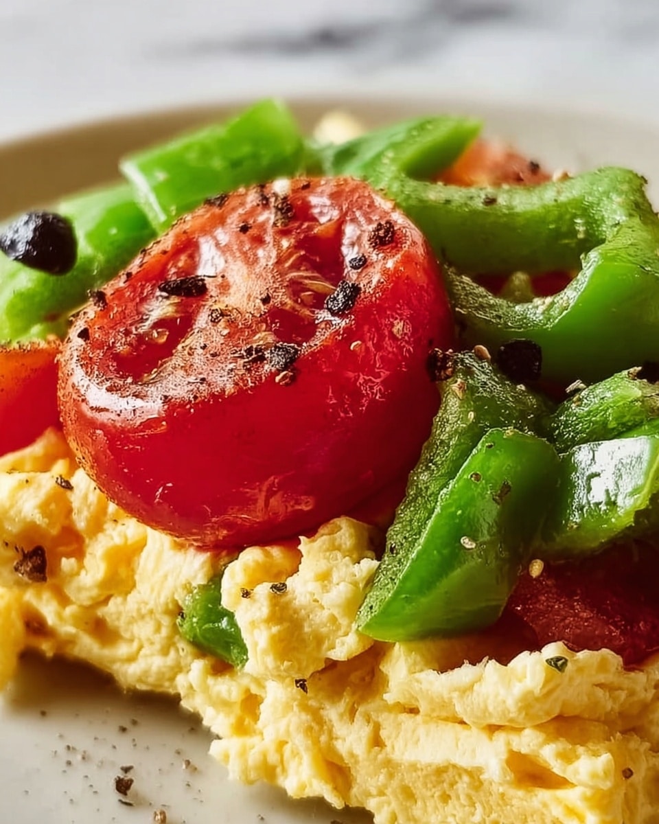 The image shows a close-up of a dish with three main layers: the bottom layer is light yellow scrambled eggs with soft, fluffy texture, the middle layer is a slightly charred, bright red tomato piece sitting on top of the eggs, and the top layer consists of fresh green bell pepper slices with a slightly glossy surface and some black pepper sprinkled over all parts. The three layers are mixed together and the colors blend naturally, all placed on a white surface with a subtle marble texture. photo taken with an iphone --ar 4:5 --v 7