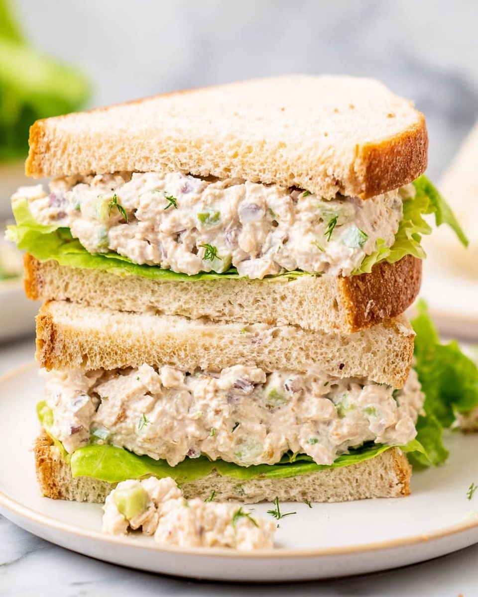 A thick sandwich cut in half is stacked with two layers of soft, light tan bread with a slight crust. Between the bread layers, there is a creamy, chunky filling with visible small green herbs and bits of purple onion, mixed with a spread that looks like chicken or tuna salad. Green leafy lettuce peeks out from under the filling on the bottom sandwich half. The sandwich sits on a white plate, which is placed on a white marbled surface. A striped cloth is partly visible in the corner, and blurred background elements include a bowl with the same filling and a couple of small silver-topped jars. photo taken with an iphone --ar 4:5 --v 7