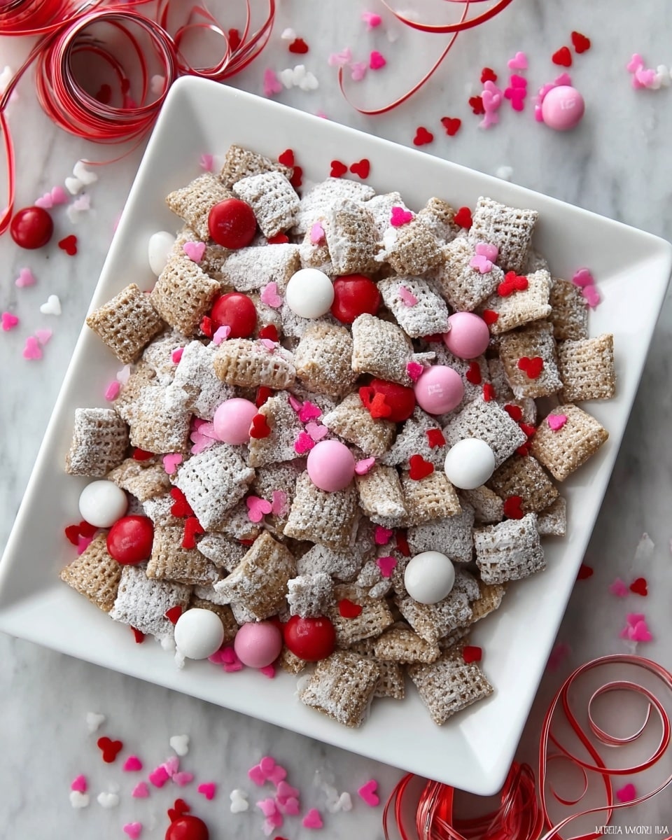 A white square plate holds a mix of crunchy cereal pieces coated in white powdered sugar, creating a textured and slightly rough look. Scattered among the cereal are smooth, round candy-coated chocolates in red, pink, and white, adding pops of bright color. Small pink and red heart-shaped sprinkles are sprinkled throughout the mix, giving a festive and lively appearance. The plate sits on a white marbled surface with a few red and white curly ribbons around it, adding a playful touch. photo taken with an iphone --ar 4:5 --v 7