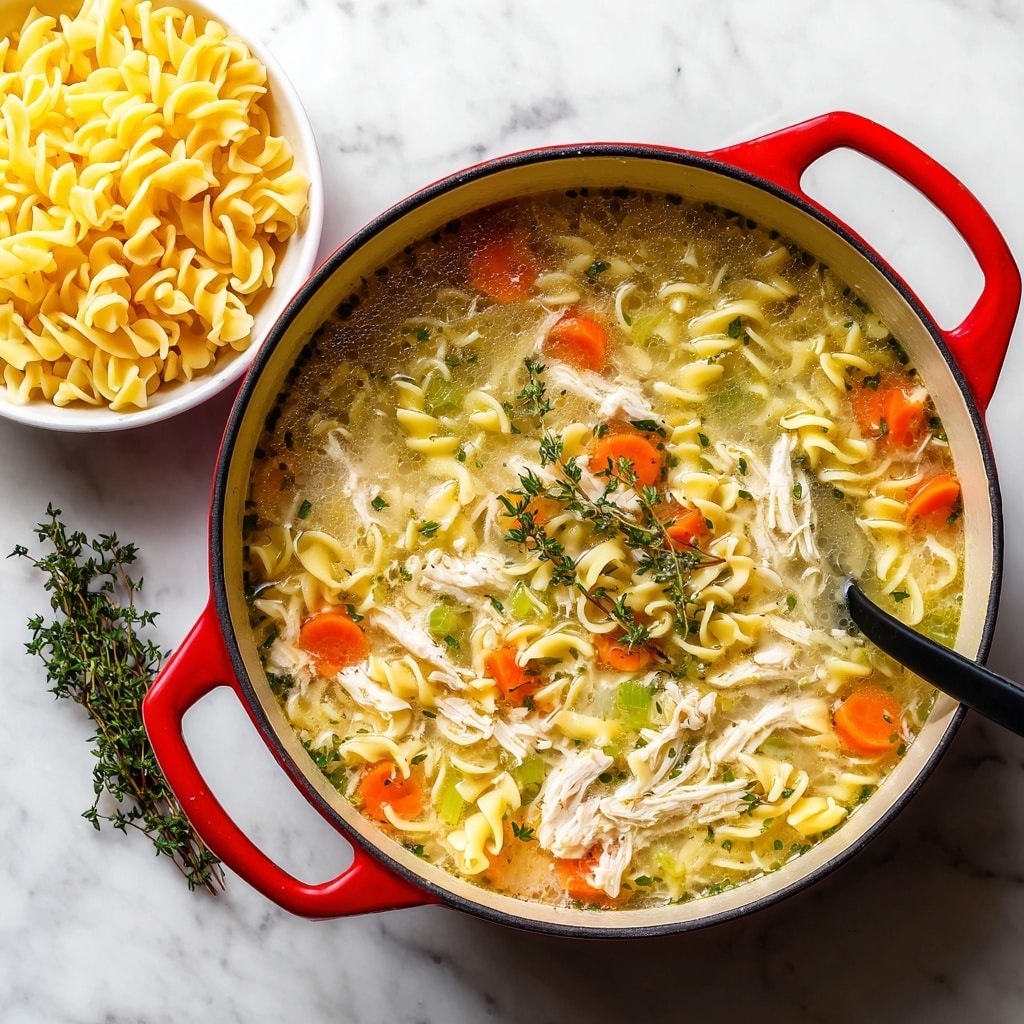 A red pot filled with chicken noodle soup is shown. The soup has chunks of white shredded chicken, bright orange carrot slices, green celery pieces, and yellow egg noodles all mixed in a clear broth with visible herbs. A sprig of thyme is placed near the center floating on top. A black spoon is resting inside the pot on the right side. Behind the pot, there is a white bowl filled with uncooked yellow egg noodles. All items sit on a wooden board on a white marbled surface. Photo taken with an iphone --ar 4:5 --v 7