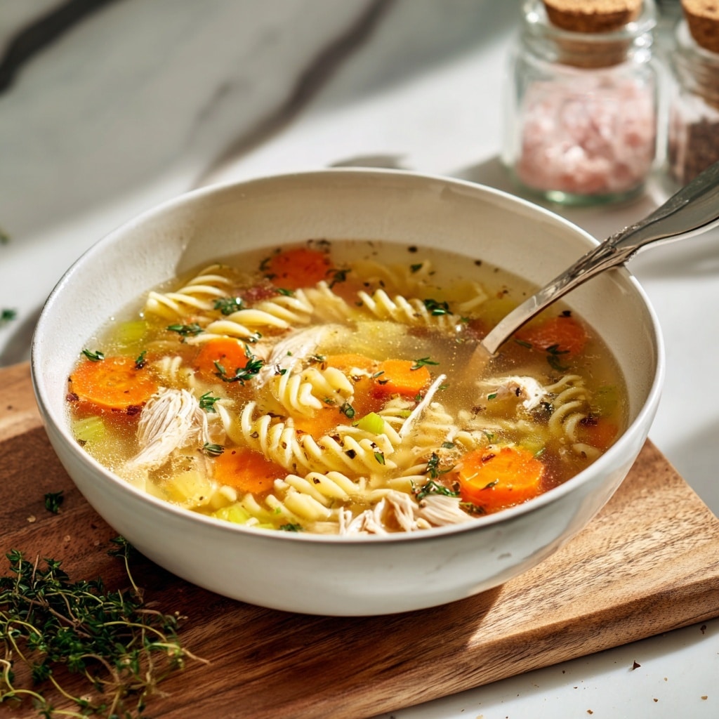 A white bowl filled with clear broth chicken noodle soup, showing three main visible layers: at the bottom, light yellow cooked egg noodles twisted in different shapes; in the middle, bright orange carrot pieces and light green celery chunks; and on top, shredded light tan chicken pieces floating in the golden broth. A silver spoon with a detailed floral pattern rests inside the bowl on the left side. The bowl sits on a light brown wooden board, with small green herb sprigs beside it, all set on a white marbled surface. Photo taken with an iphone --ar 4:5 --v 7