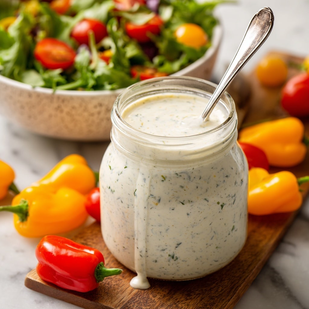 The image shows a clear glass jar filled with thick white creamy dressing speckled with fine green herbs, with some dressing dripping down the side. A silver spoon stands inside the jar. The jar is surrounded by small sweet peppers in bright yellow, orange, and red colors that are spread out on a wooden surface. In the background, there is a white bowl filled with mixed green salad leaves and cherry tomatoes. The whole scene is set on a white marbled textured surface. photo taken with an iphone --ar 4:5 --v 7