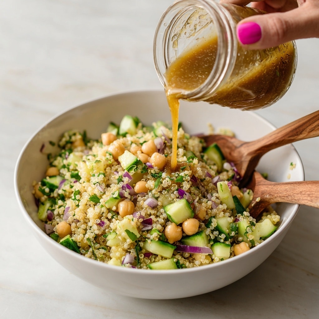 The image shows a white bowl filled with six distinct layers of food arranged side by side. Starting from the left, there are light brown chickpeas, bright green chopped parsley, finely diced purple and white red onions, small beige grains of cooked quinoa, crumbly white cottage cheese, and chopped light green cucumber pieces. Behind the bowl, there is a glass jar with a yellow mustard-like dressing, a lemon wedge, and some greens on a white plate, all set on a white marbled surface. photo taken with an iphone --ar 4:5 --v 7