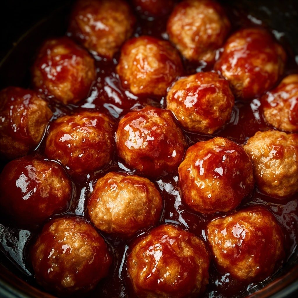 A close-up view of many round meatballs coated in a shiny, smooth, reddish-brown sauce, all piled together inside a dark cooking pot. The sauce covers each meatball evenly, giving a glossy texture, and the pot’s edges are visible, framing the meatballs tightly. The meatballs are roughly the same size, with a moist and tender surface that catches the light. The background shows parts of the pot’s dark interior, making the meatballs stand out clearly. photo taken with an iphone --ar 4:5 --v 7