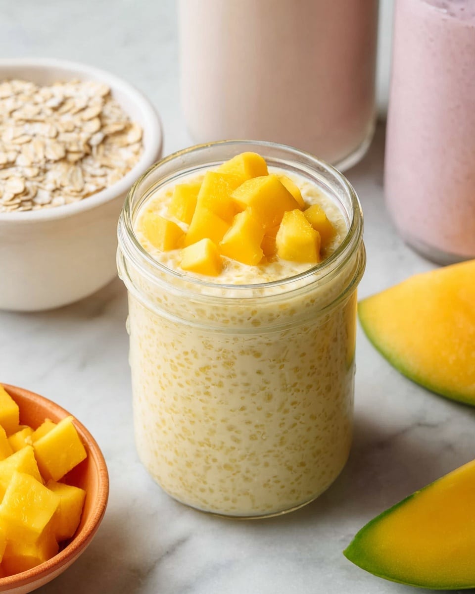 A clear glass jar filled with a light yellow, slightly textured creamy mixture topped with small cubes of bright yellow mango pieces. The jar sits on a white marbled surface. In the background, there is a white bowl filled with oats and two tall glasses with a pale pink smoothie inside, slightly out of focus. To the right of the jar, a fresh mango slice with a bright orange-yellow color and green skin rests on the surface. In the front left side of the image, there is an orange bowl with more mango cubes visible. photo taken with an iphone --ar 4:5 --v 7