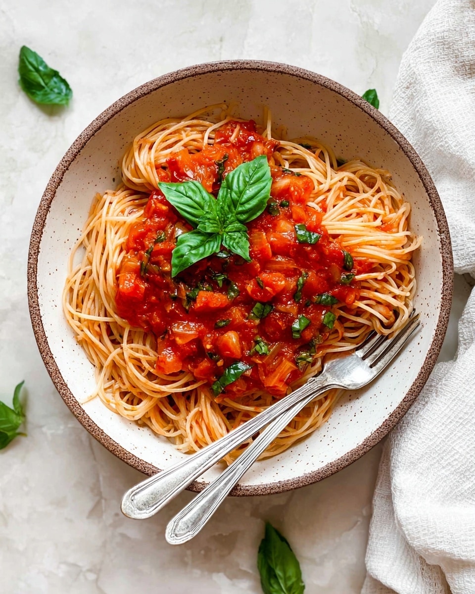 A white bowl with brown speckles holds a simple spaghetti dish with two shiny silver forks resting inside. The bottom layer is thin, light beige spaghetti strands, topped unevenly with bright red chunky tomato sauce scattered with pieces of green basil leaves. A sprig of fresh dark green basil sits on top as a garnish, adding a burst of color. The bowl is set against a white marbled textured surface, with scattered green basil leaves and part of a white cloth napkin visible at the top right edge. photo taken with an iphone --ar 4:5 --v 7