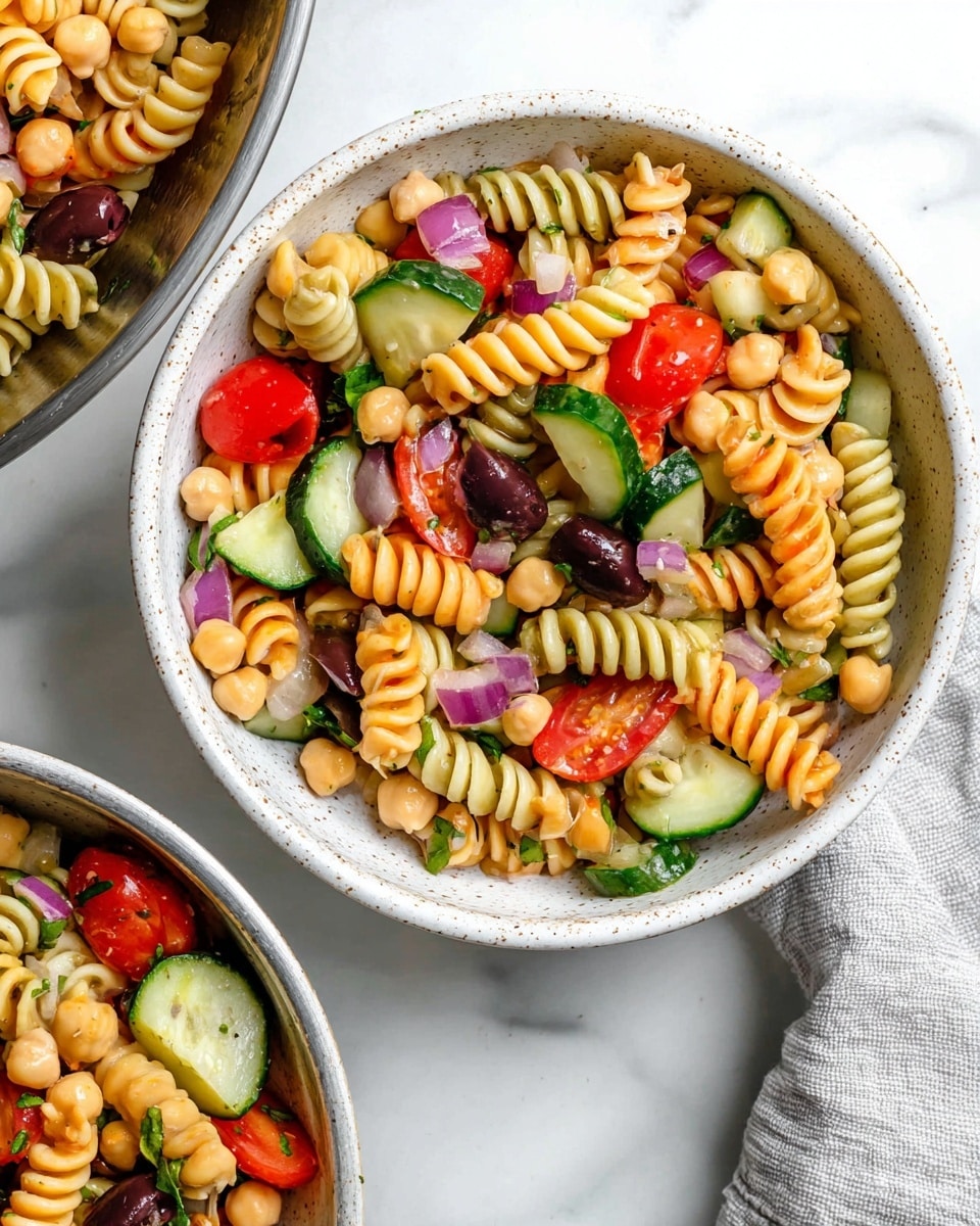 The image shows a white bowl with speckled details filled with a colorful pasta salad. The base layer consists of tri-colored rotini pasta in shades of light orange, pale yellow, and soft green with a spiral texture. Mixed in are round chickpeas and medium-sized chunks of dark green cucumber pieces. Bright red cherry tomato halves and quarter pieces provide vibrant pops of color. Small chopped pieces of red onion and bits of green bell pepper add more texture and shades of purple and green. There are also dark purple olive slices scattered throughout and small green herb bits for garnish. The bowl is placed on a white marbled surface with a corner of a metal bowl on the left filled with more of the salad and a light gray cloth slightly visible on the right. Photo taken with an iphone --ar 4:5 --v 7