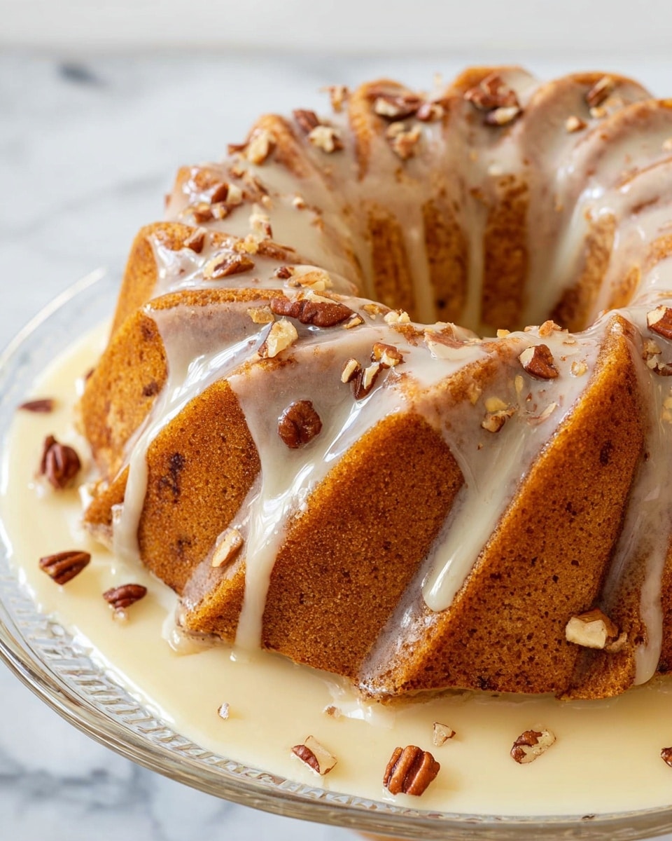 A close-up view of a golden brown Bundt cake with a spiral pattern, coated lightly with a smooth, light glaze that drips gently down the ridges. The cake sits on a clear glass plate filled with a creamy vanilla sauce scattered with small pieces of pecans. The cake’s rich texture shows tiny air pockets, and pecans are also placed decoratively on top. The background features a white marbled surface, making the warm tones of the cake and sauce stand out. photo taken with an iphone --ar 4:5 --v 7