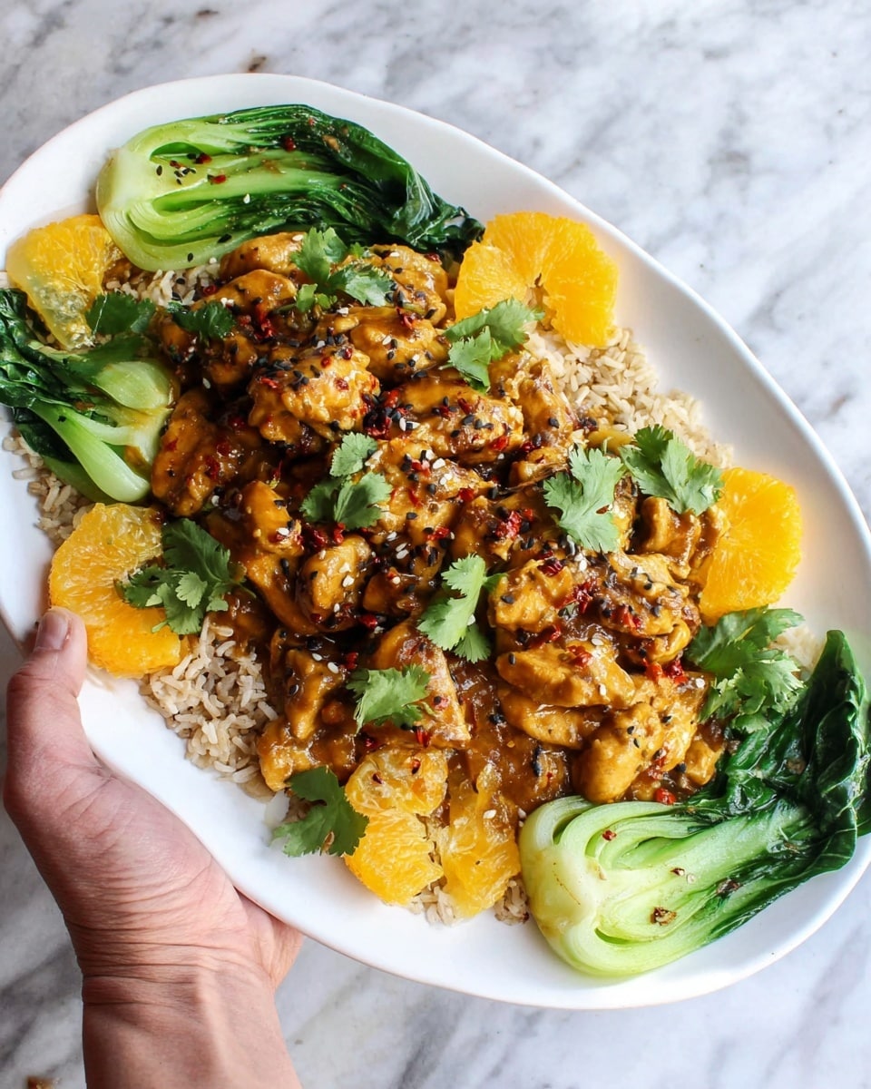 A white oval plate held by a woman's hand shows a layered dish starting with a bed of light brown rice as the base, topped with a generous amount of glossy, golden-brown cooked chicken pieces in a thick sauce sprinkled with red chili flakes and black sesame seeds. Surrounding the chicken are bright green steamed bok choy stalks with dark green leaves, and small orange citrus wedges placed around the edges. A few cilantro leaves decorate the top, adding a fresh green touch. The plate is set against a white marbled textured background. photo taken with an iphone --ar 4:5 --v 7