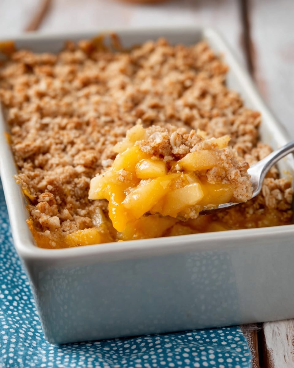 The image shows a close-up of a rectangular white ceramic dish filled with a crumbly, golden-brown topping with bits of soft yellow fruit peeking through, suggesting a baked fruit crumble. The topping layer looks coarse and slightly textured, covering the entire surface of the dish. The edges of the dish are smooth and rounded, with part of the crumble slightly scooped near the top right corner, revealing soft, moist fruit beneath. The dish is placed on a white marbled surface that adds a clean, bright background to the warm colors of the crumble. photo taken with an iphone --ar 4:5 --v 7
