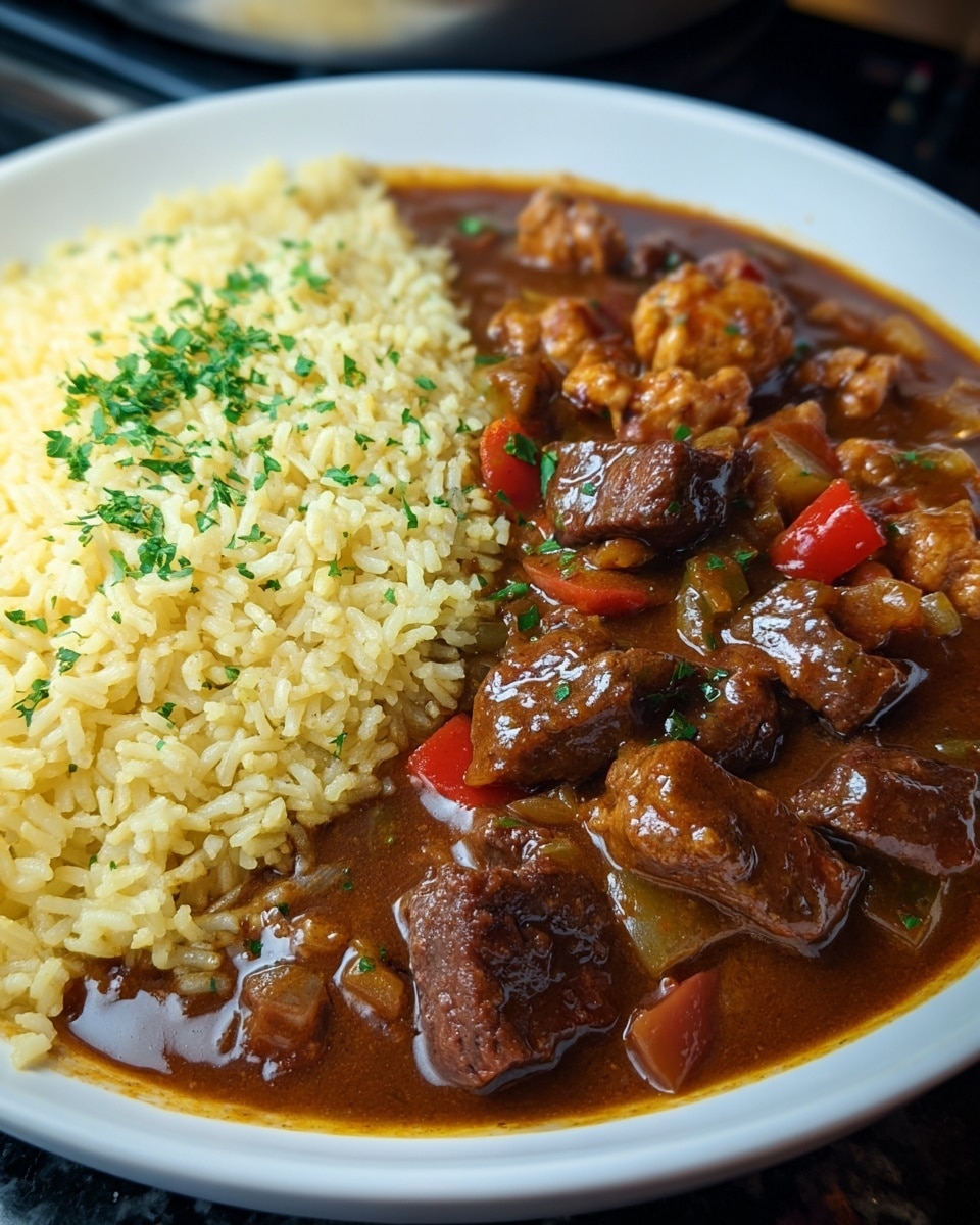 A blue and white patterned plate holds two main layers: on the left side, there is a mound of light yellow rice with a fluffy texture, while on the right side, there are chunks of meat covered in a thick brown sauce with a smooth, glossy texture. The dish is placed on a white marbled surface, and in the background, a white plate with colorful uncooked pasta is slightly blurred. Photo taken with an iphone --ar 4:5 --v 7
