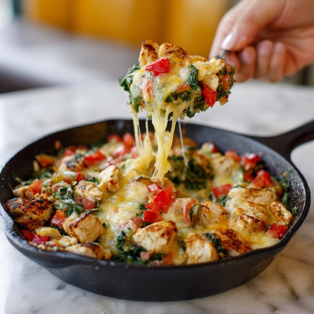A close-up view of a skillet holding a loaded nacho dish with visible layers: the base layer consists of chopped green bell peppers and tomatoes, followed by a layer of melted yellow cheddar and white cheese creating a gooey texture with some browning; on top, scattered chunks of grilled chicken with light grill marks and dollops of white sour cream drizzle add a creamy contrast, while fresh green herbs are sprinkled throughout. A woman's hand is lifting a portion of the nacho, showing the crisp triangular chip beneath all the toppings, and a soft steam rises from the skillet. The skillet sits on a white marbled surface with blurred tomatoes in the background. Photo taken with an iphone --ar 4:5 --v 7