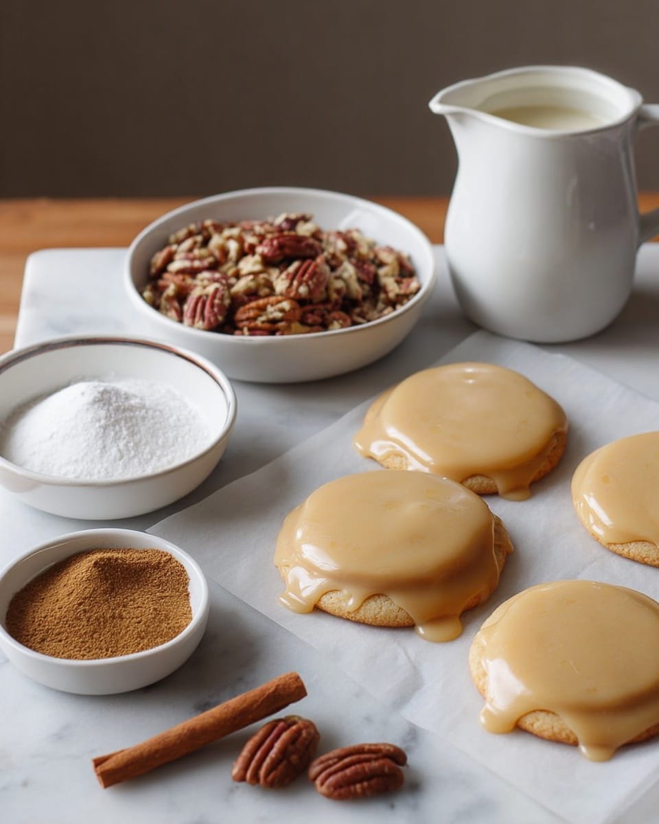 A stack of three soft cookies sits on a white marbled surface, each cookie covered with a smooth, shiny caramel-colored glaze that gently drips down the edges. The top cookie has a bite taken out of it, showing a light, fluffy inside with a slightly crumbly texture. The cookies are round with slightly golden edges, and more cookies with the same glaze are blurred in the background. The light reflects softly on the smooth glaze, giving a glossy look to the cookies. Photo taken with an iphone --ar 4:5 --v 7