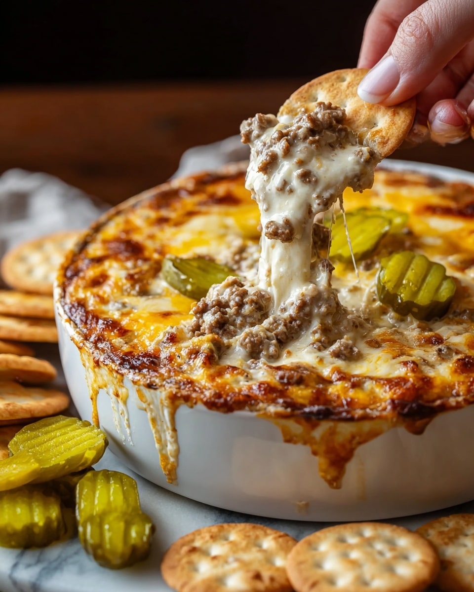 A white round bowl sits on a white marbled surface, filled with a layered cheesy dip topped with browned melted cheese and browned ground meat scattered across the surface. Layered near the top are soft melted cheeses of golden yellow and creamy white colors, with some green pickles sliced thickly placed on one side. A woman's hand holds a textured cracker, lifting a thick, gooey, creamy portion of the dip with melted cheese stretching from the bowl, showing the chunky meat and creamy layers below. The background is blurred with additional crackers and pickles slightly visible. Photo taken with an iphone --ar 4:5 --v 7