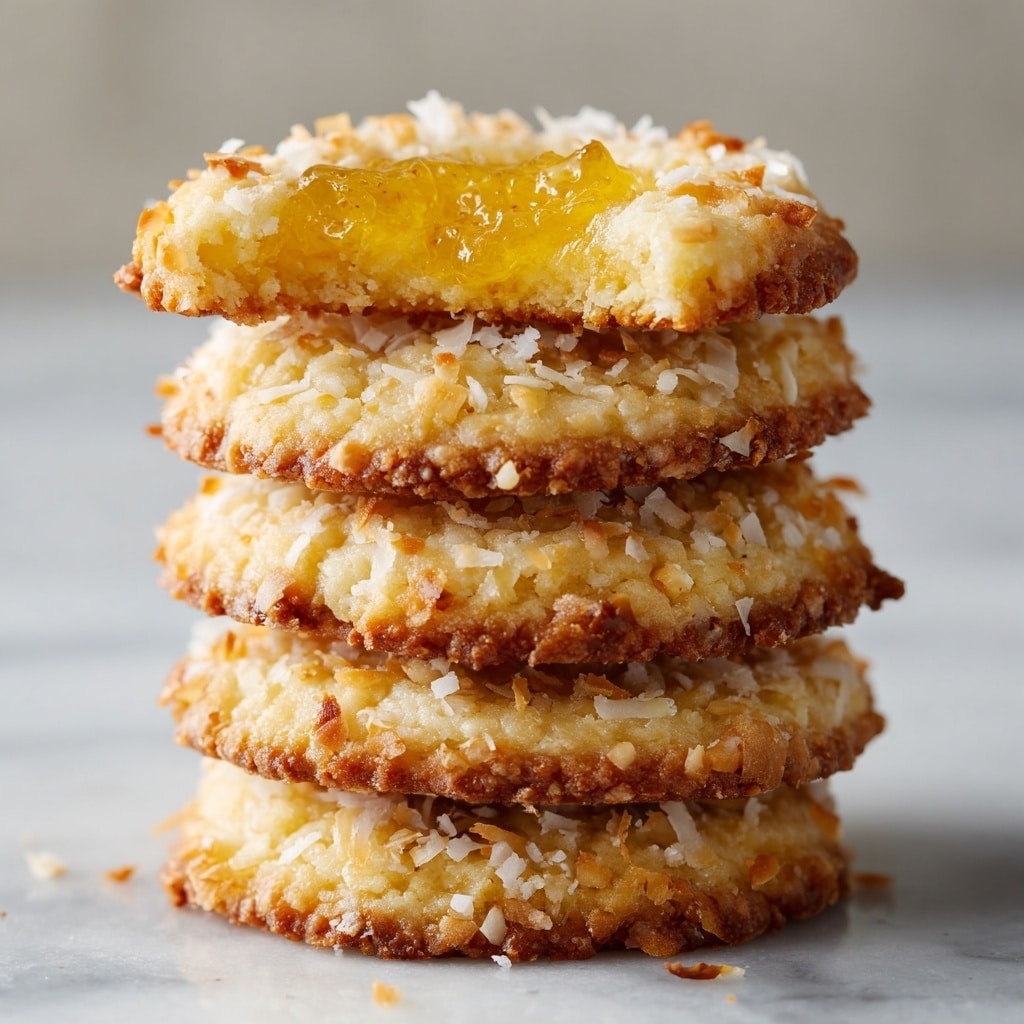 A close-up image of a stack of five round cookies, each cookie having a rough, crumbly texture with visible coconut flakes scattered on top and around the edges. The cookies are light yellow in color, with a slightly golden brown edge, and the top cookie has a thick, glossy yellow jam or jelly filling in the center, which also shows through the middle layer of the stack. The entire stack rests directly on a white marbled surface, with a soft, neutral background that softly blurs. photo taken with an iphone --ar 4:5 --v 7