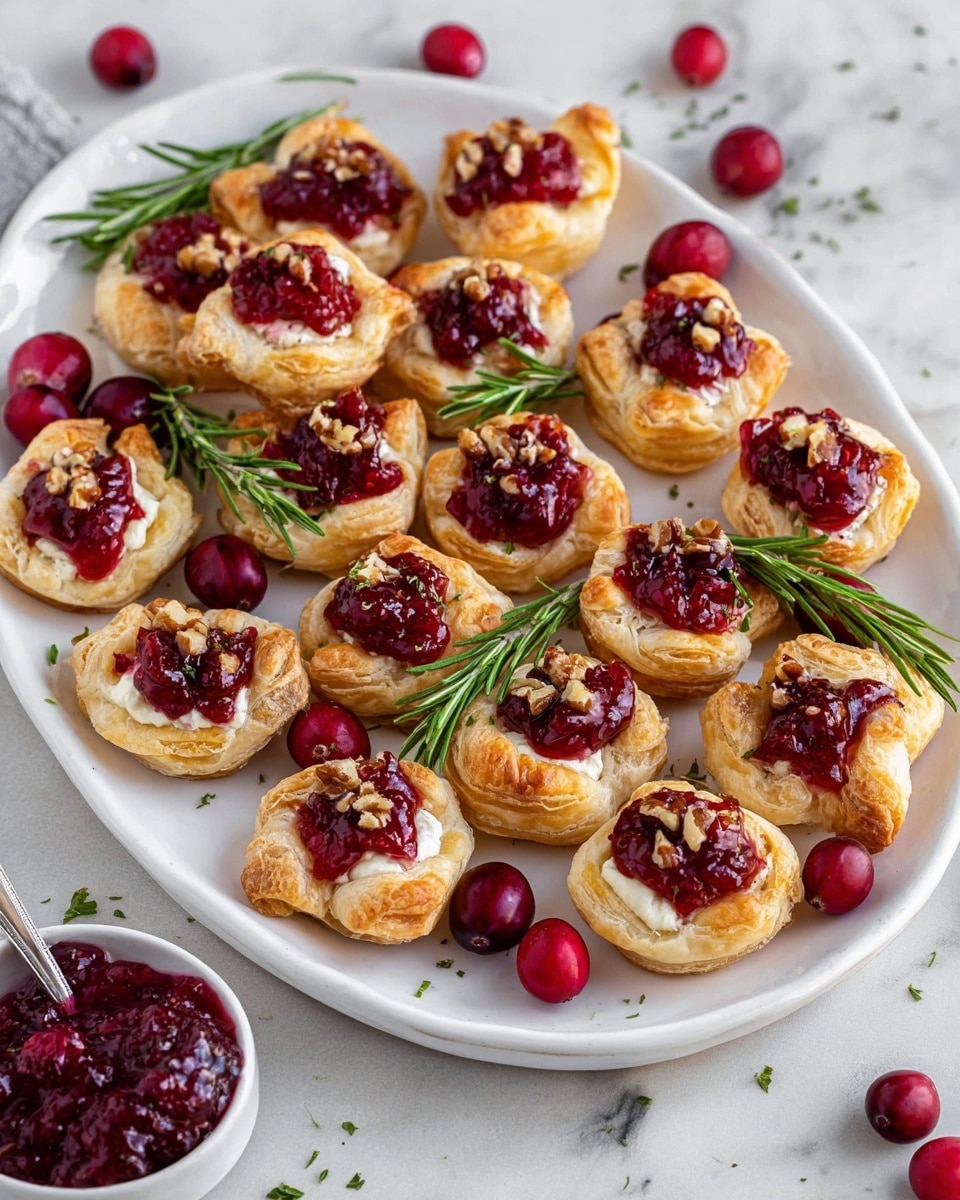 A white oval plate holds twenty small puff pastry cups, each with flaky golden-brown crusts forming the base and sides. Inside each cup, there is a smooth cream-colored cheese layer topped with a thick, bright red cranberry sauce, some sprinkled with chopped nuts. Small sprigs of green rosemary garnish several cups, adding a fresh touch. Whole red cranberries are scattered around the pastries on the plate and on the white marbled surface beneath. In the lower left corner, a small white bowl contains extra cranberry sauce with a silver spoon. photo taken with an iphone --ar 4:5 --v 7