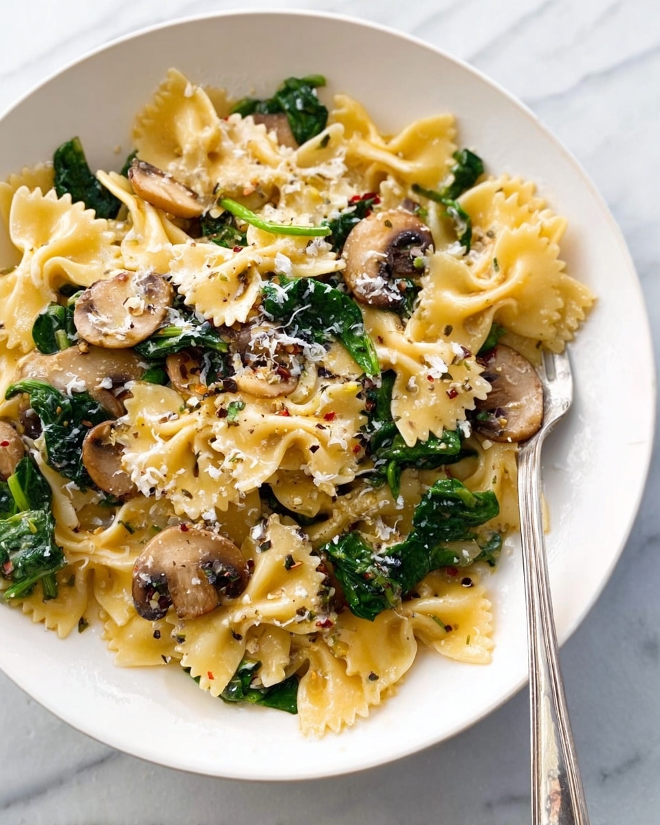 The image shows a white bowl filled with a pasta dish that has several layers. The bottom layer is a creamy sauce mixed with grains, light brown in color, forming a soft base. On top, there are medium-sized slices of cooked mushrooms that are golden brown and slightly shiny. Scattered over the mushrooms are fresh green leaves, likely herbs or spinach, adding a bright green color. The dish is sprinkled with grated white cheese or seasoning, giving a speckled effect on the top. A silver spoon rests inside the bowl, angled outward. The bowl is placed on a white marbled surface with a folded blue and white striped cloth next to it. photo taken with an iphone --ar 4:5 --v 7