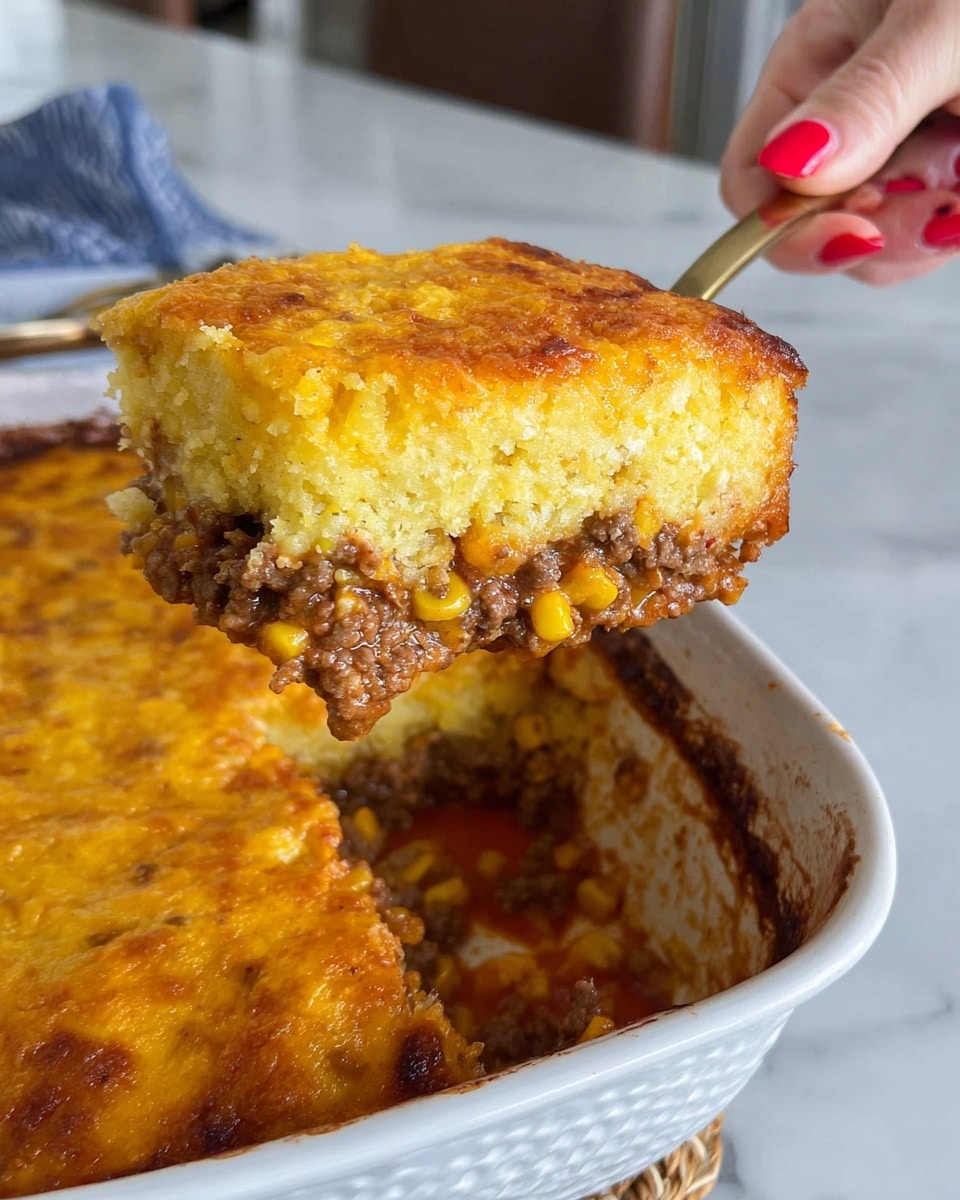A piece of cornbread casserole is being lifted from a white ceramic baking dish with colorful patterns along the rim. The casserole has two main layers: the top layer is golden and slightly crispy with visible corn kernels, showing a moist, yellow texture; the bottom layer is a rich, brown, cooked ground beef mixture with bits of red tomato and green pepper. The woman's hand holding the spoon has bright red nails and a gold bracelet. The dish sits on a woven mat against a white marbled background. Photo taken with an iphone --ar 4:5 --v 7