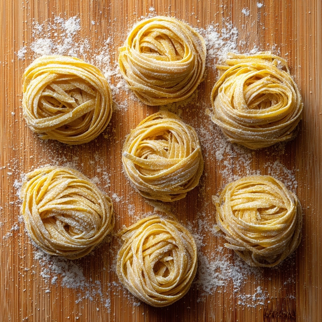 The image shows seven nests of fresh, uncooked pasta arranged on a wooden board. Each nest is made of long, flat, golden-yellow pasta ribbons folded and twisted into a circular shape, with a light dusting of white flour scattered on top and between the nests. The wooden board has a natural grain texture and is placed on a white marbled surface. The pasta looks soft and pliable, with slight unevenness in thickness that gives a homemade feel. photo taken with an iphone --ar 4:5 --v 7