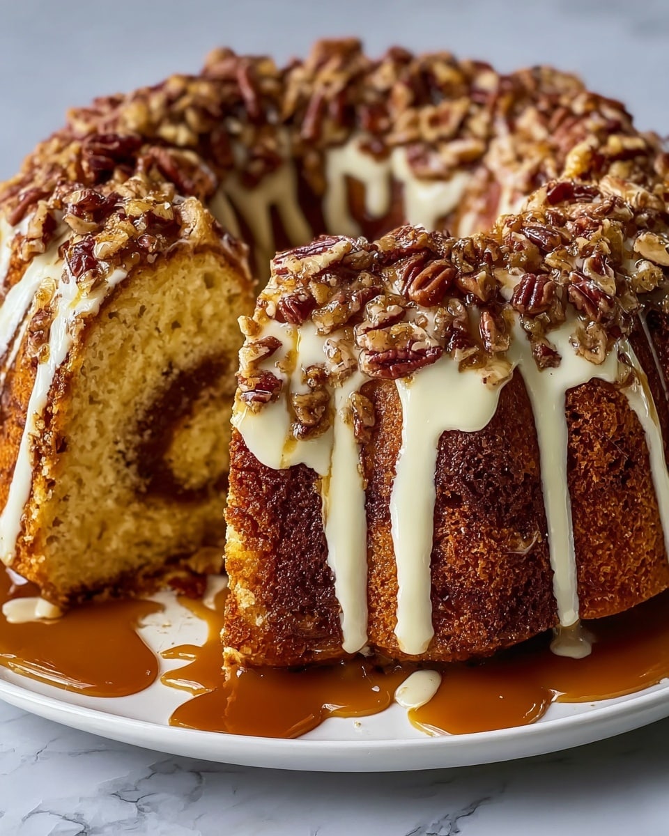 A Bundt cake with a golden brown outer layer revealing a soft, light tan crumb inside, featuring a thick swirl of dark cinnamon sugar running through the middle. The top is generously covered with glossy white icing and caramel sauce dripping down the sides in uneven, shiny streams. On top of the icing is a thick layer of chopped pecans, adding a rich texture and deep brown color contrast. The cake is set on a white plate with a white marbled surface beneath. Photo taken with an iphone --ar 4:5 --v 7
