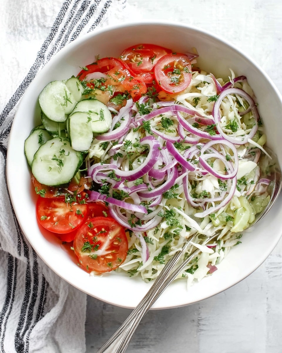 The image shows a white bowl filled with a fresh salad consisting of three layers: the bottom layer is shredded white cabbage, the middle layer has thin slices of red tomatoes and round green cucumber slices, and the top layer features thin rings of purple onion along with chopped green herbs scattered all over. A silver spoon rests inside the bowl on the right side, partially covered by the salad. The bowl is placed on a white marbled textured surface beside a white cloth with black stripes. photo taken with an iphone --ar 4:5 --v 7