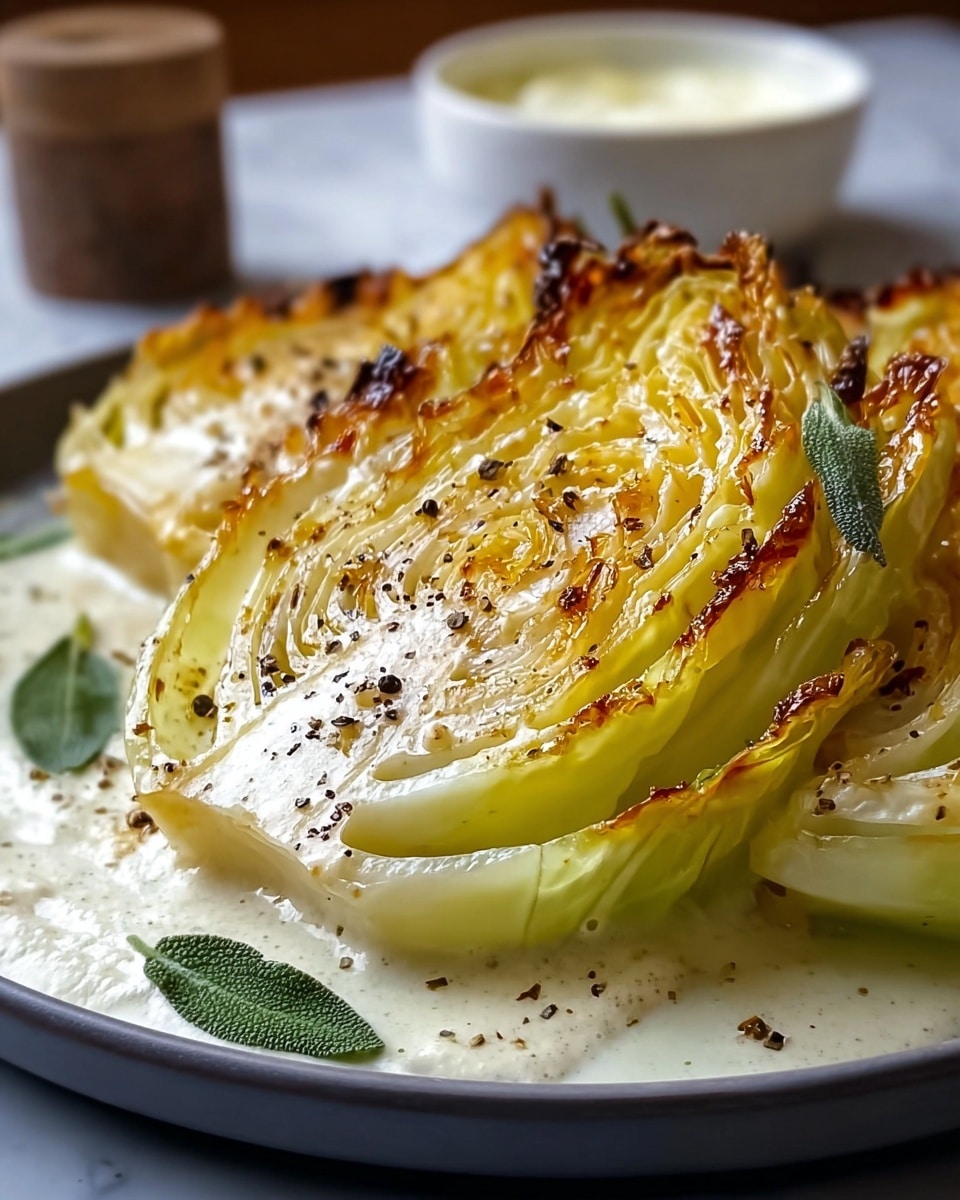 A close-up of roasted cabbage cut into thick wedges, showing about four layers of pale yellow-green cabbage leaves with charred golden-brown edges on top, sprinkled with coarse salt and black pepper. The wedges sit in a creamy white sauce that pools around the base on a white plate, with a few small green sage leaves for garnish. In the background, a blurred white bowl holds a pale yellow creamy dip. The scene is set on a white marbled surface, photo taken with an iphone --ar 4:5 --v 7