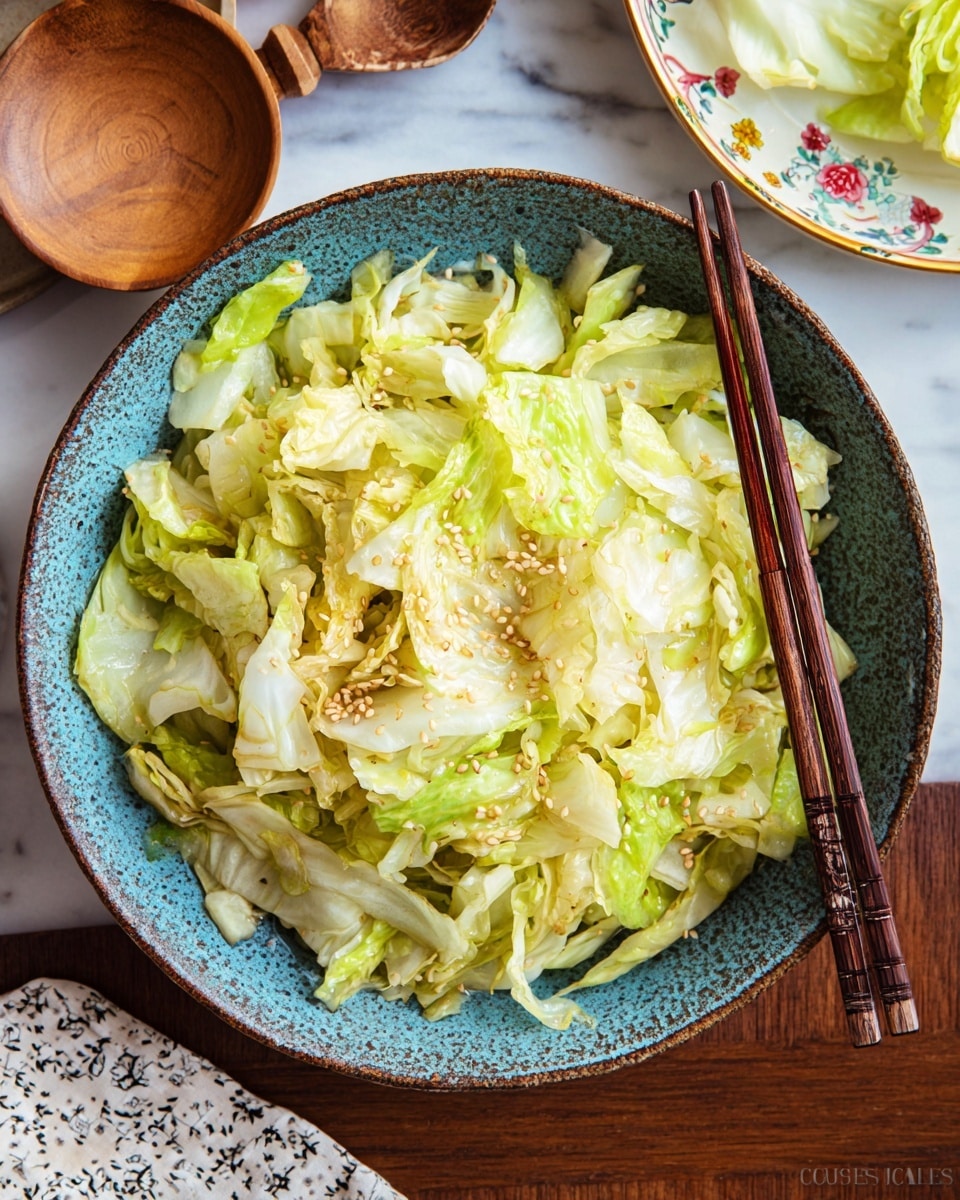 The dish is a close-up view of a pile of chopped, light green and white cabbage pieces layered loosely on a textured blue bowl. The cabbage pieces show soft, smooth textures and some have light browning spots, sprinkled lightly with small sesame seeds on top. Resting on the right side of the bowl are two wooden chopsticks in a natural brown tone with wood grain visible. The bowl and chopsticks sit on a wooden table, with an out-of-focus smaller dish holding similar cabbage visible in the top right and another dish in the bottom left corner. The photo has soft natural light and a warm, rustic feel. photo taken with an iphone --ar 4:5 --v 7