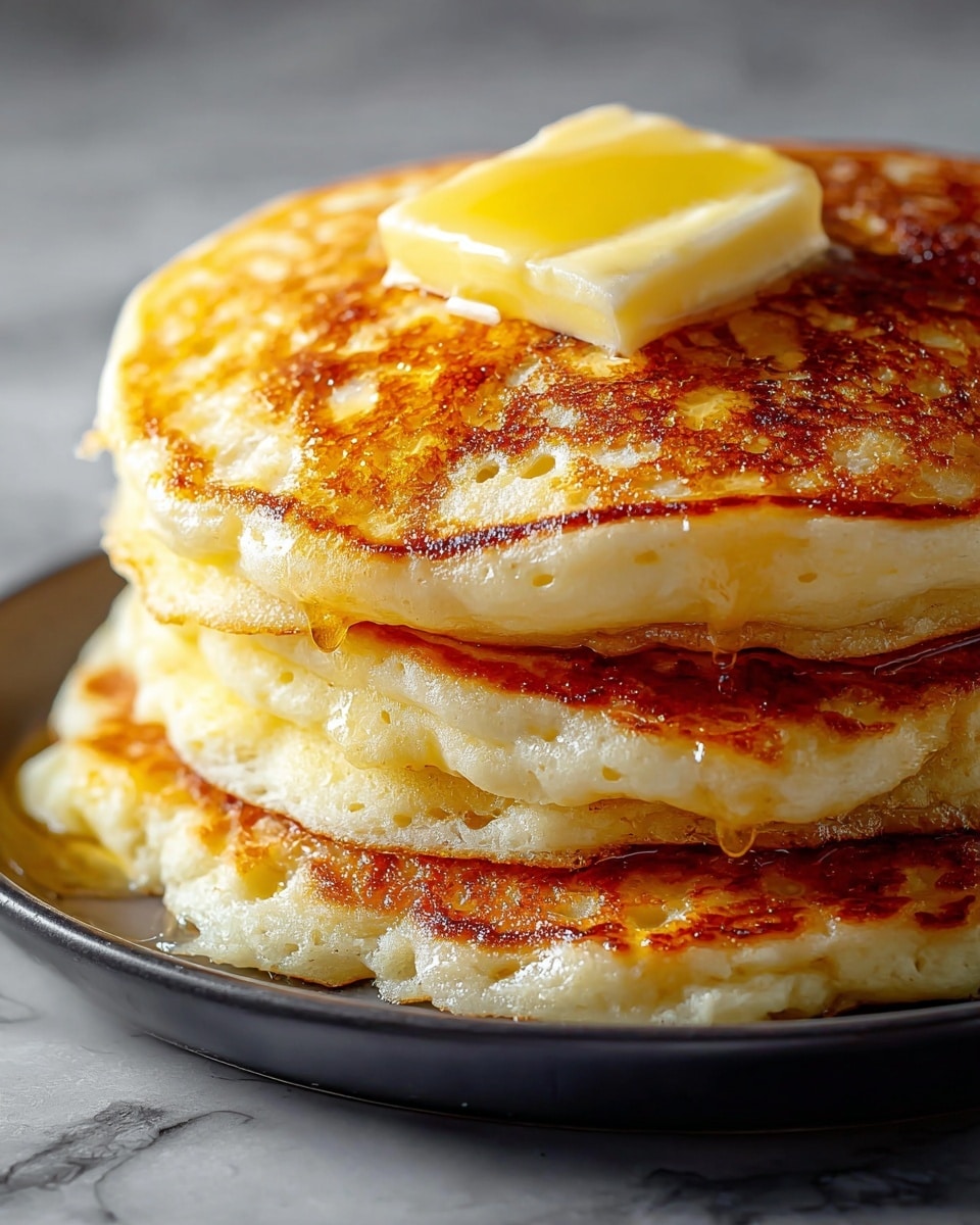 A stack of four thick pancakes with a golden-brown crispy surface, each layer showing soft, fluffy, pale yellow edges. On top of the stack is a square pat of melting butter with light honey dripping down onto the pancakes. The pancakes sit on a round white plate with syrup glistening around the base, all placed on a cloth with a white marbled texture in the background. photo taken with an iphone --ar 4:5 --v 7