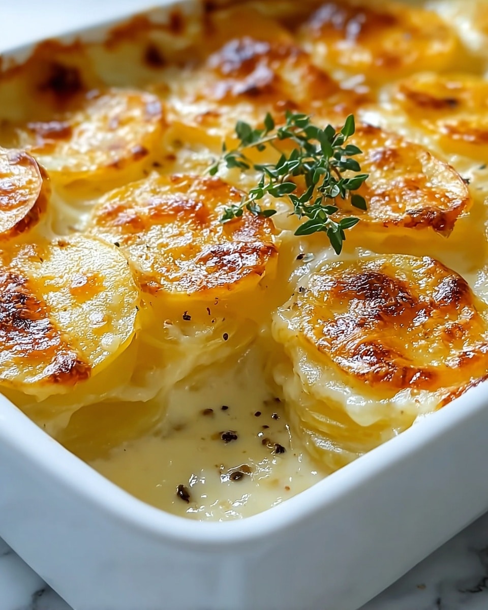 A close-up view of a baked potato gratin in a white dish, showing layers of thinly sliced potatoes covered with melted, golden-brown cheese that has bubbly brown spots. The top layer of potatoes is yellow with a smooth, slightly browned texture, sprinkled with black pepper and garnished with a small green herb sprig at the center. Beneath the top, creamy cheese stretches as a scoop is taken out, revealing soft, tender potato slices with a light sauce between them. The background is a white marbled texture. Photo taken with an iphone --ar 4:5 --v 7