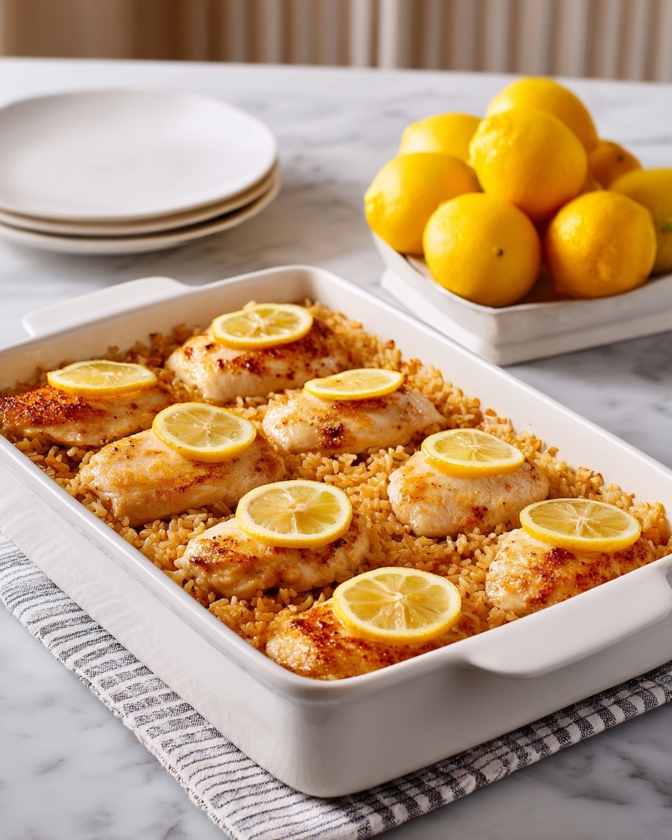 A white rectangular baking dish holds a baked dish with a base layer of golden-brown rice that looks crispy around the edges, topped with eight pieces of cooked chicken arranged in two rows, each piece topped with a thin yellow lemon slice. The rice has a slightly fluffy texture with a toasted look, while the chicken is light brown and appears tender and juicy. The dish is placed on a white and gray striped cloth on a white marbled surface. Nearby, there is a white square bowl holding four bright yellow lemons and a plain white plate. The colors contrast softly with the clean, neutral background. Photo taken with an iphone --ar 4:5 --v 7