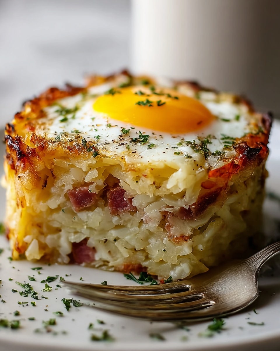 The image shows a thick, round egg dish with many layers, placed on a white plate with a white marbled surface in the background. The bottom layer is made of cooked, shredded potatoes that look soft and lightly browned, mixed with bits of crispy bacon scattered throughout. Above this is a slightly crispy, golden-brown cheese layer with melted edges wrapping around the sides. On top sits a perfectly cooked sunny-side-up egg with a bright, shiny yellow yolk and smooth, white egg whites. Small chopped green herbs are sprinkled evenly over the egg and around the plate's surface. A silver fork rests beside the dish, and a woman's hand is holding the plate gently from the back. Photo taken with an iphone --ar 4:5 --v 7