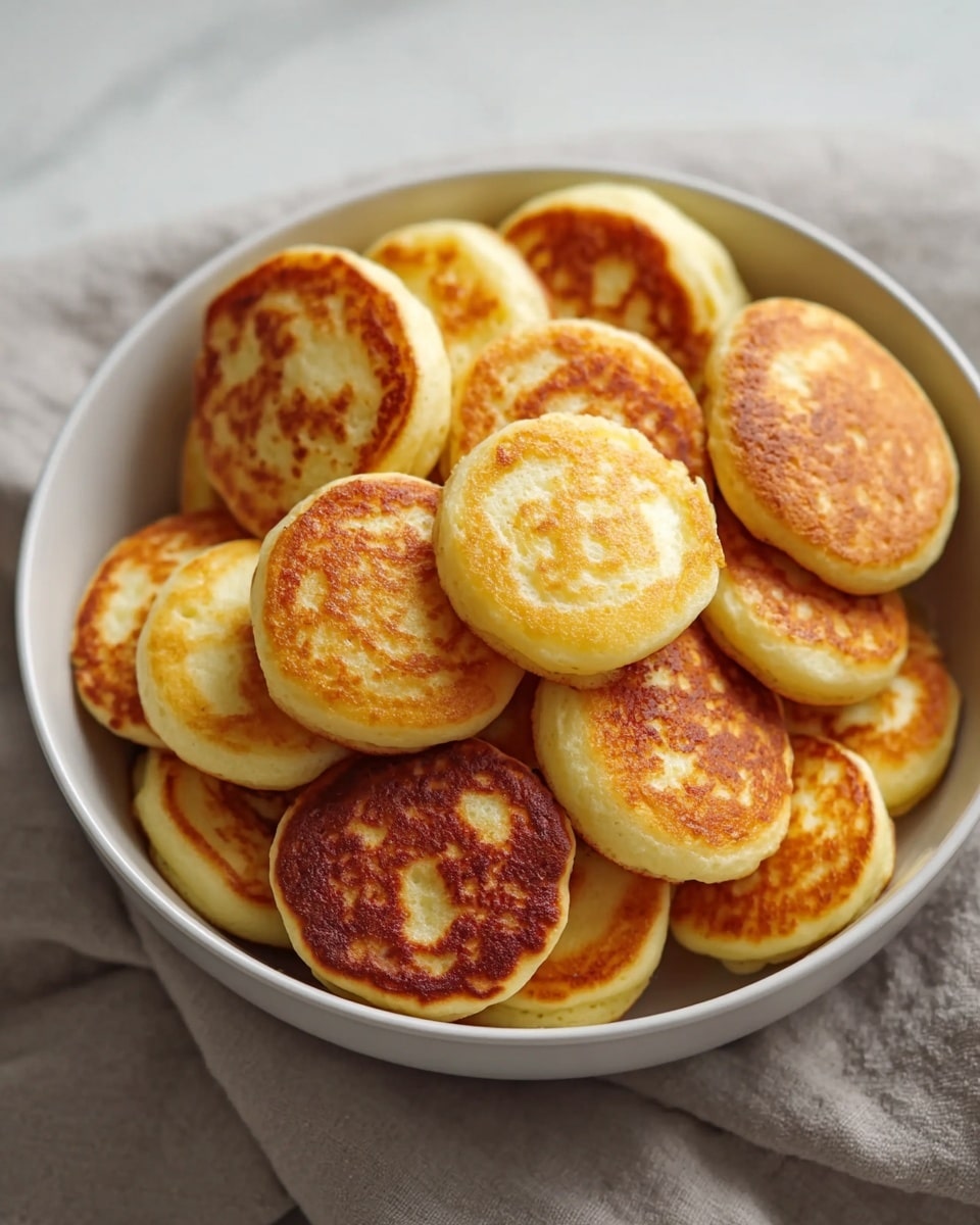 A white bowl is filled with small, round, golden brown cheese pancakes stacked closely together. Each pancake has a crispy, caramelized top layer with a textured, slightly uneven surface showing light yellow and golden spots. The sides are smooth and pale yellow, showing the soft, airy inside. The bowl sits on a white marbled textured surface. photo taken with an iphone --ar 4:5 --v 7