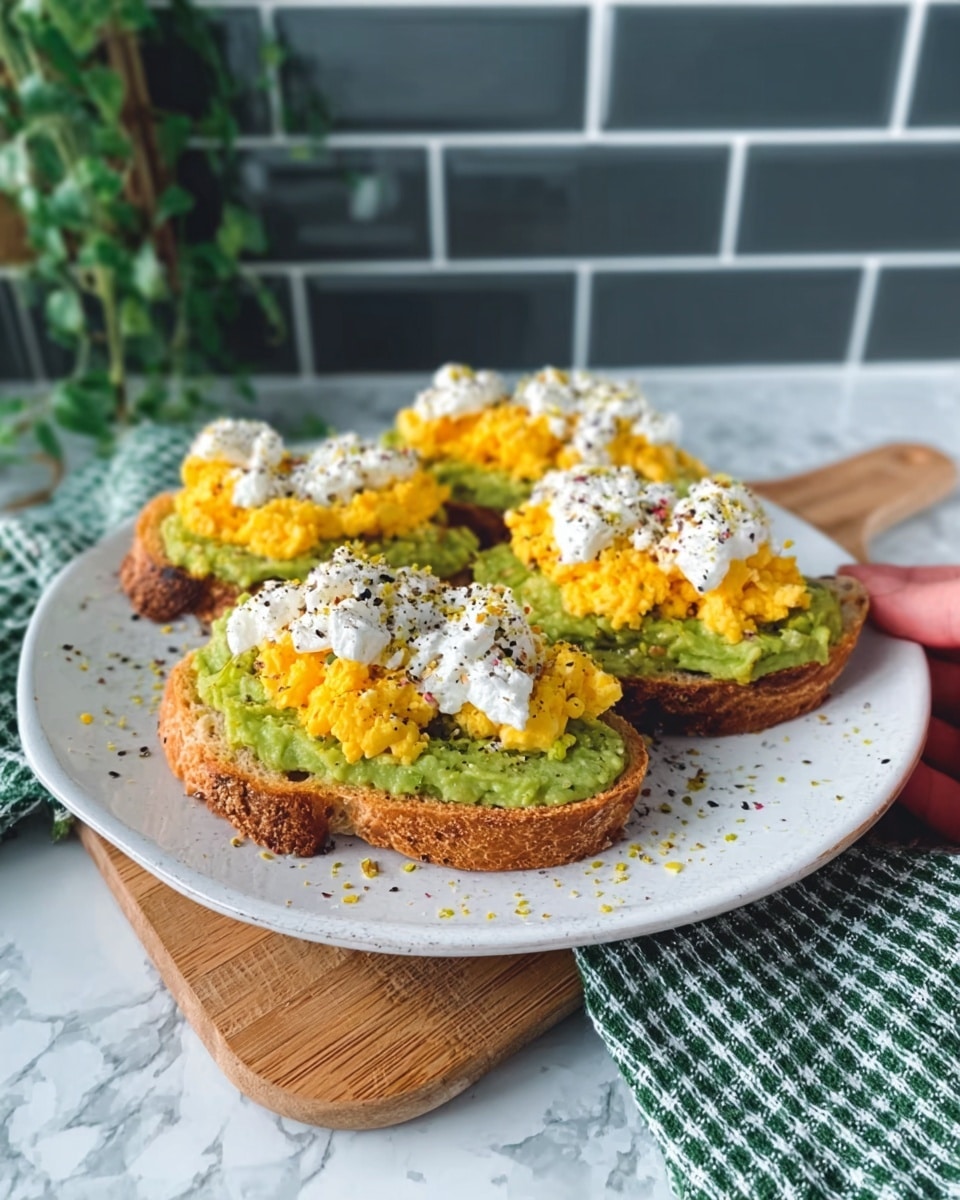 The image shows four pieces of toast on a white plate with small brown speckles, placed on a wooden board with a white marbled background. Each toast has three layers: the bottom layer is a golden-brown toasted bread slice, the middle layer is a smooth green spread of avocado, and the top layer is a fluffy, bright yellow scrambled egg topped with small white cottage cheese dollops and sprinkled with black pepper. There is a woman's hand holding one toast from the right side of the image. A green and white checkered cloth and a small green plant are visible in the background. Photo taken with an iphone --ar 4:5 --v 7
