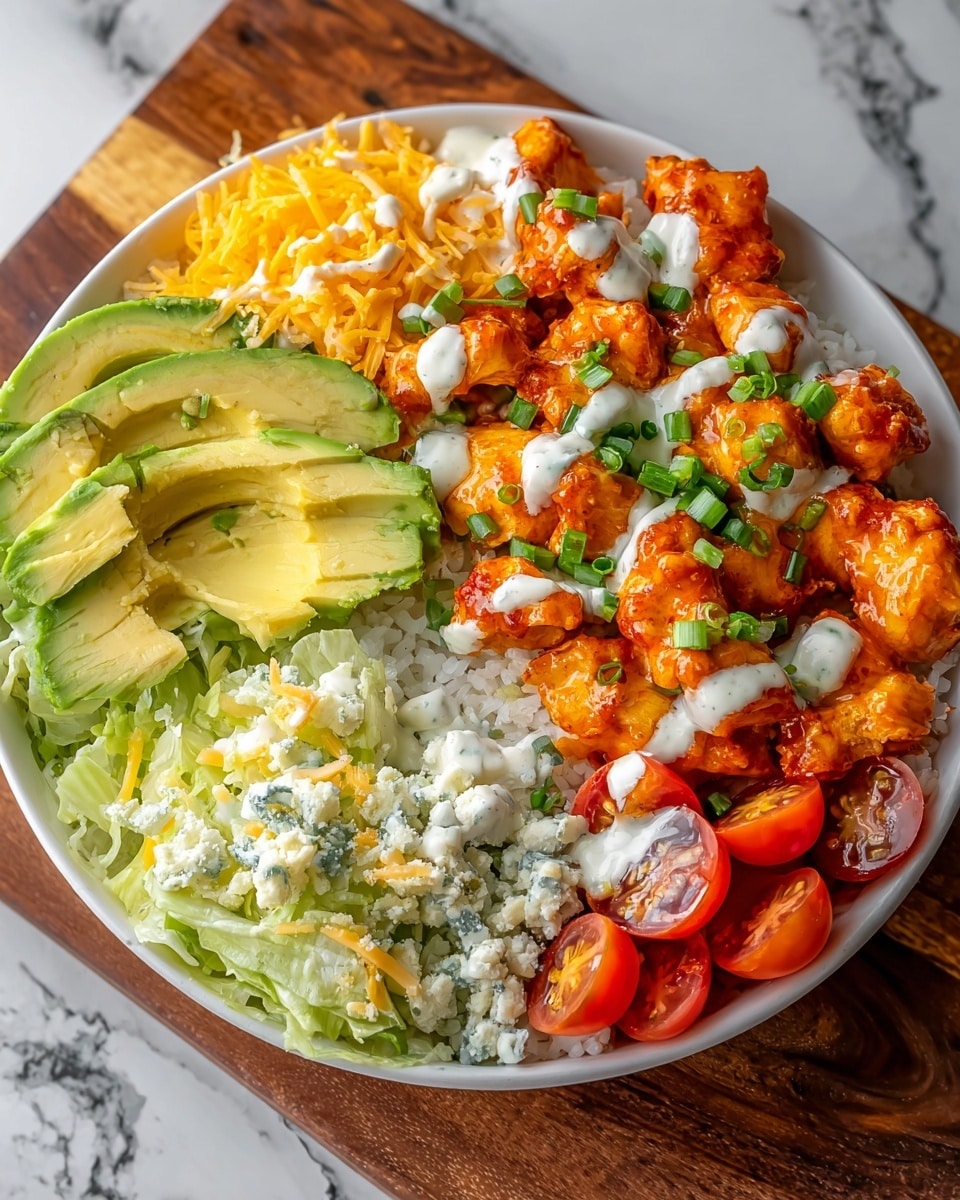 A white bowl filled with several colorful layers: the base layer is white rice, topped with shredded light green lettuce spread across the bowl; on one side, there are diced pieces of glazed orange chicken, lightly drizzled with white creamy sauce and sprinkled with chopped green onions. Next to the chicken, there are bright green slices of avocado fanned out. At the top, there are halved cherry tomatoes sitting on the lettuce, and a small pile of shredded yellow and white cheese. Crumbled white cheese is scattered over the lettuce with more creamy white sauce drizzled on top. The bowl sits on a wooden board with a white marbled texture surface underneath. photo taken with an iphone --ar 4:5 --v 7