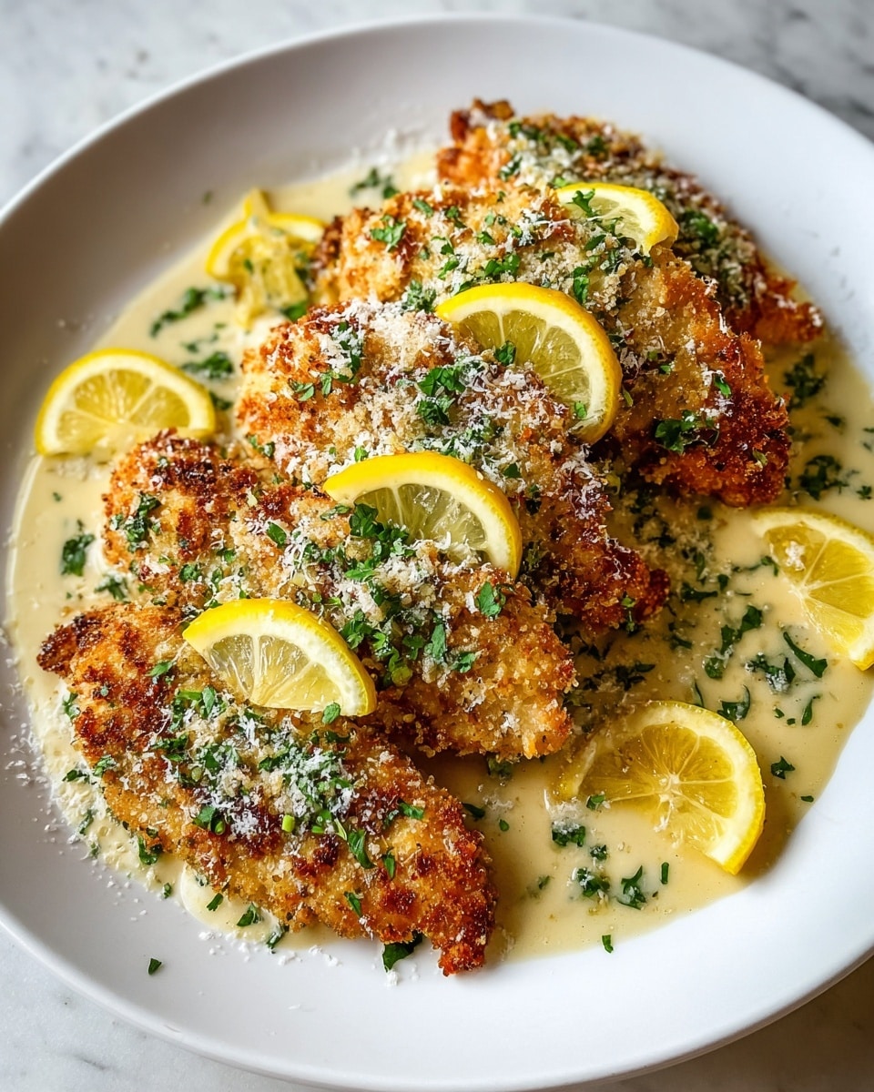 A white oval plate holds four golden-brown breaded chicken cutlets, arranged in a slightly overlapping row. Each cutlet is richly textured with a crispy crust and tiny flecks of green herbs, sprinkled with grated white cheese. Thin, bright yellow lemon slices rest on top of each cutlet, with extra lemon slices around the base. The dish is finished with a creamy light sauce pooled at the bottom, dotted with fresh green parsley, enhancing the color contrast. The plate sits on a white marbled surface. photo taken with an iphone --ar 4:5 --v 7