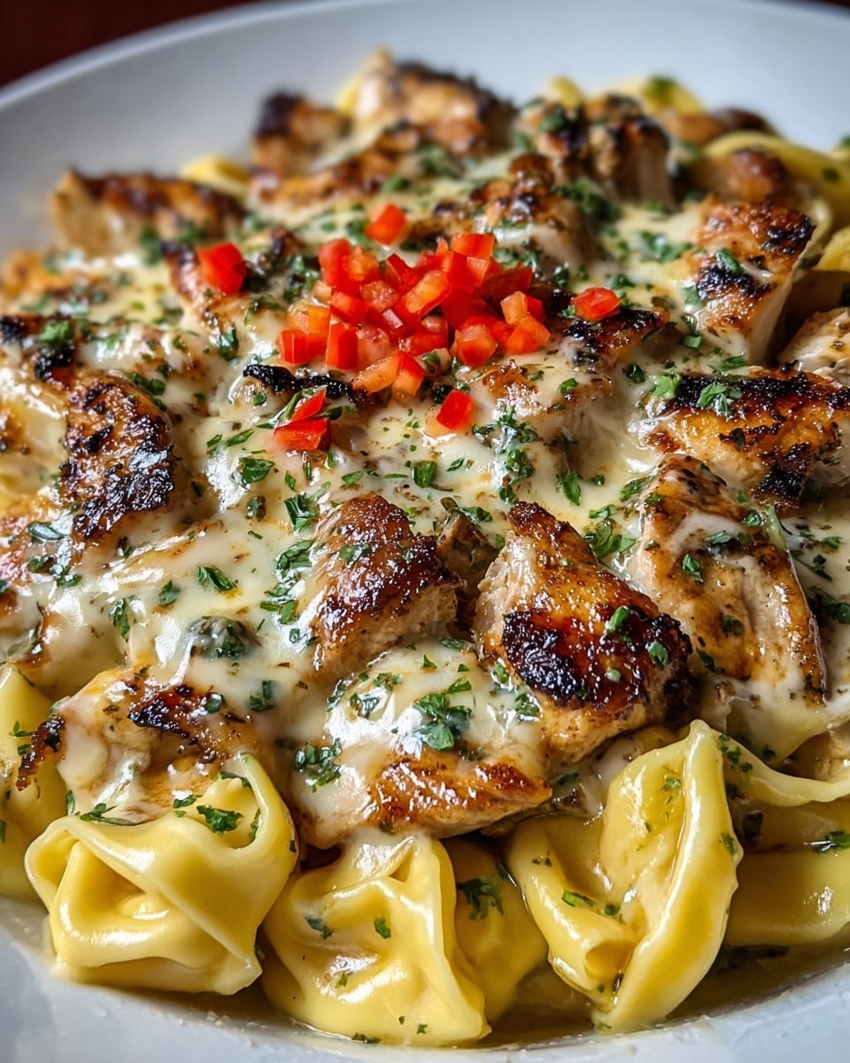 A white plate rests on a white marbled surface filled with a rich pasta dish featuring two main layers: at the base, there are golden yellow tortellini with a smooth, slightly glossy texture; on top, chunks of browned grilled chicken mixed with small pieces of red bell pepper are covered in creamy melted cheese with a shiny, slightly oily finish. The sauce is light brown and creamy, coating both the pasta and chicken, and the entire dish is sprinkled with chopped fresh green herbs for a pop of color. photo taken with an iphone --ar 4:5 --v 7