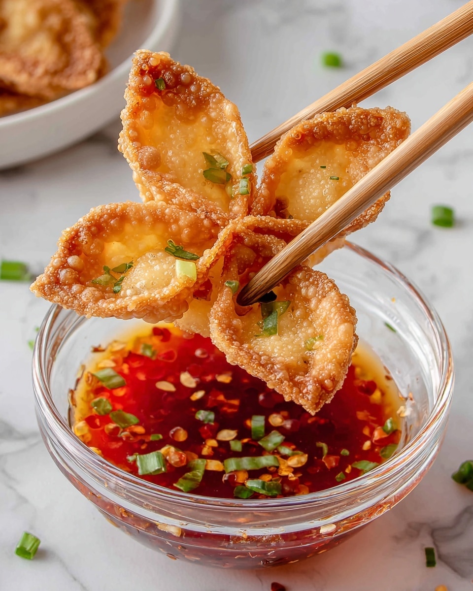 The image shows a close-up of several fried wontons arranged in a white bowl. Each wonton has a golden-brown, crispy texture with bubbly spots and multiple folded layers forming a star-like shape with pointed edges. The center of each wonton is lighter in color and appears soft, showing hints of green herbs inside. The bowl sits on a white marbled surface with small chopped green garnishes scattered around. Photo taken with an iphone --ar 4:5 --v 7