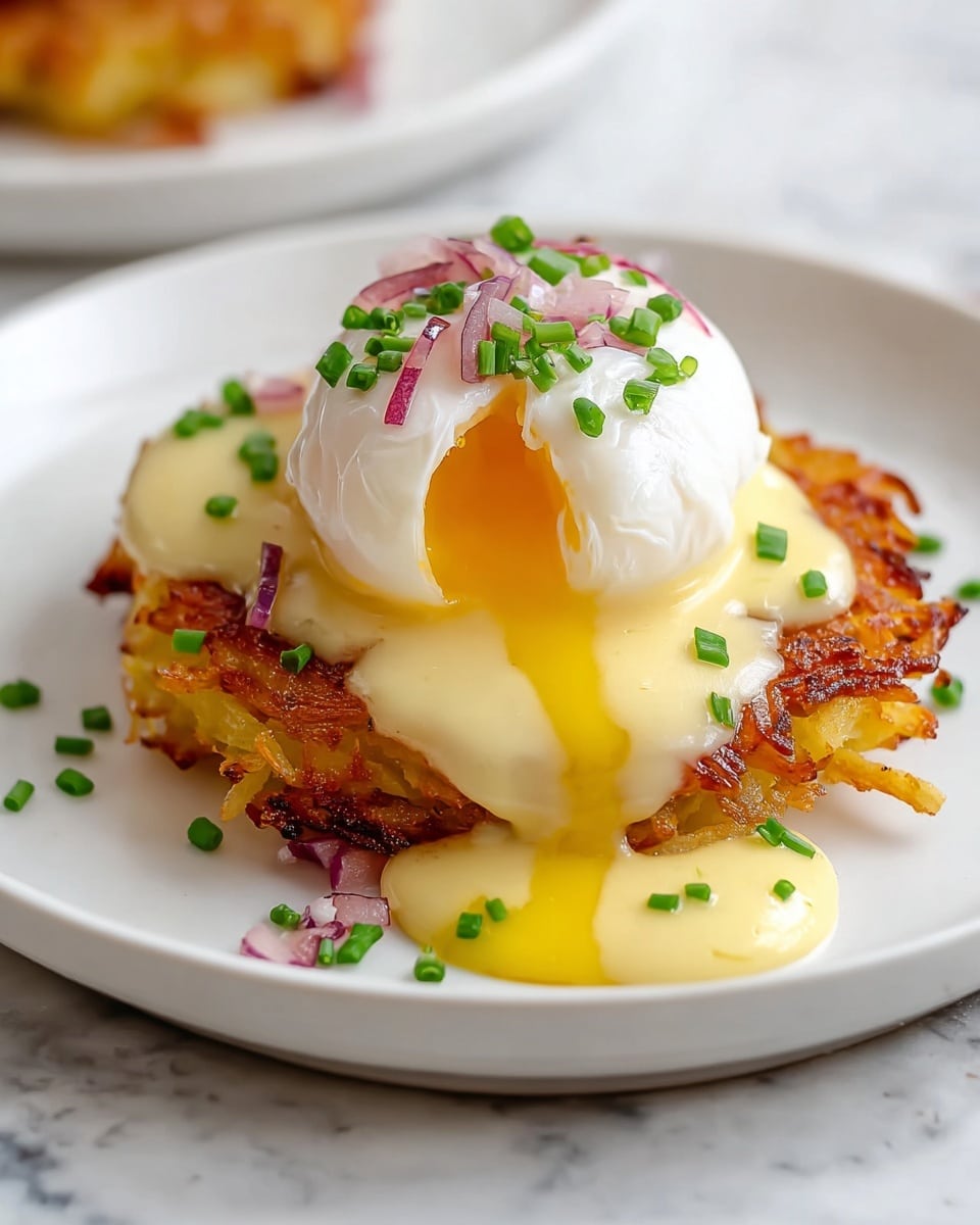 Three stacks on a white plate set on a white marbled surface, each stack has a base layer of crispy golden brown hash browns with a rough texture, topped by a smooth, white poached egg with a slightly runny yolk. Creamy pale yellow hollandaise sauce is drizzled generously over each egg, some flowing down the sides, sprinkled with small pieces of finely chopped purple onions and green chives. The sauce has a glossy, thick texture, and black pepper specks are scattered on top and around the plate for garnish. photo taken with an iphone --ar 4:5 --v 7