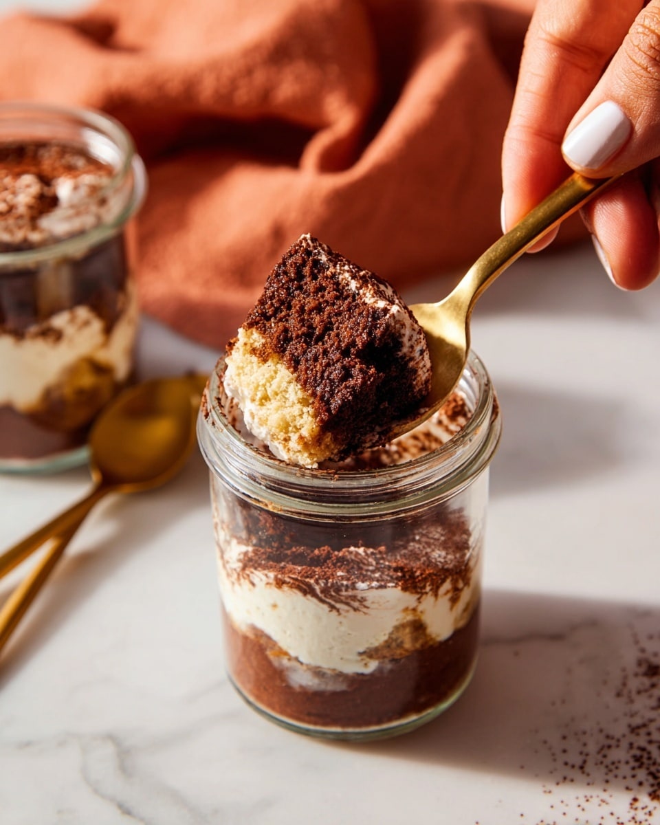 Two glass jars filled with layered dessert sit on a white marbled surface with a peachy background. Each jar has about six layers: a bottom layer of light cream, followed by a thick dark brown chocolate layer, then a lighter cream layer, a rich brown cake layer, another light cream layer, and a thin dusting of cocoa powder on top. One jar has a golden spoon resting on its rim while the other golden spoon lies on a folded rust-colored cloth beside it. The jars show clear details of the creamy and cake textures inside. Photo taken with an iphone --ar 4:5 --v 7