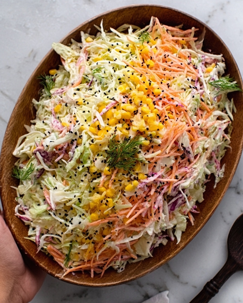 The image shows a long white bowl filled with a colorful coleslaw mix. The dish has multiple layers, beginning with a base of finely shredded white and light green cabbage, topped with thin strips of orange and light pink vegetables, possibly carrots and pickled onions. Small yellow corn kernels are scattered evenly on the top layer along with tiny black sesame seeds, adding contrast to the bright colors. The textures appear fresh and crunchy. A woman's hand holds the bowl on the left side, and a dark utensil is placed near the bottom right corner. The surface underneath is a white marbled texture. Photo taken with an iphone --ar 4:5 --v 7