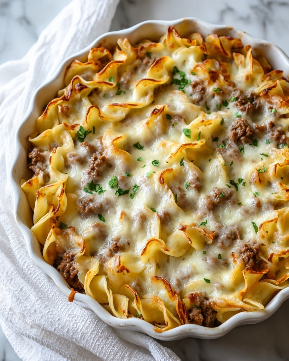 This image shows a white round baking dish filled with baked pasta layers. The base layer consists of wide, light golden pasta noodles folded loosely. Above the noodles, there is a thick layer of browned, cooked ground meat pieces evenly spread. On top of the meat, melted white cheese covers the surface in an uneven way, with some areas browned and bubbly from baking. A sprinkling of small green parsley pieces is scattered on top, adding a fresh look. The dish rests on a white marbled surface partially covered with a light cloth. photo taken with an iphone --ar 4:5 --v 7