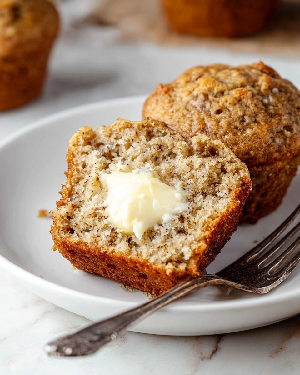 A close-up of a sliced brown muffin placed on a white plate, showing its soft crumb texture with small dark specks inside. The muffin is split in half, with the front half revealing a melted pool of creamy white butter in the center. Next to the muffin on the plate is a silver butter knife with an ornate floral handle. In the background, a whole muffin sits slightly out of focus against a white marbled surface. Photo taken with an iphone --ar 4:5 --v 7