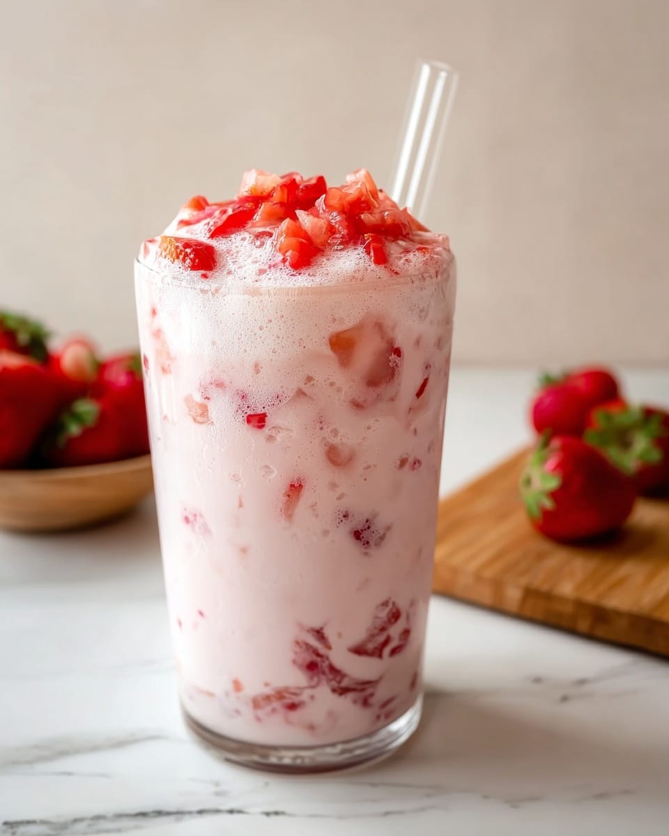 The image shows three clear glass jars filled with a pale pink, creamy strawberry drink with small chunks of red strawberries evenly mixed throughout. Each jar stands on a white marbled surface and has a red and white striped paper straw angled out of it. In the background, there is a small white plate piled with fresh bright red strawberries and a small clear bowl of chunky red strawberry sauce with a silver spoon resting in it. The scene is bright and clean with soft natural light highlighting the pink drink and fresh strawberries. Photo taken with an iphone --ar 4:5 --v 7
