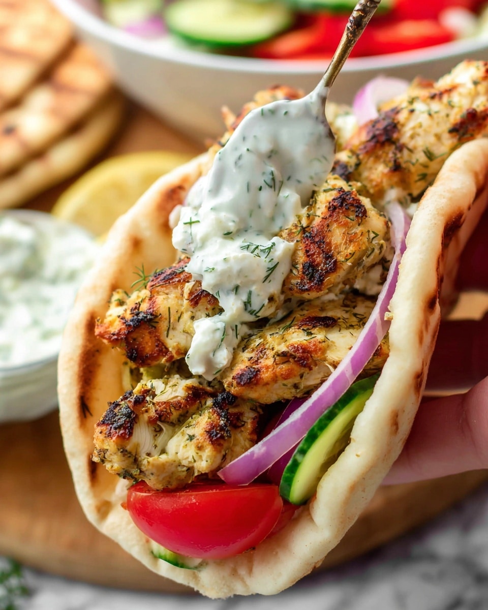 A close-up of a white pita bread held in a woman's hand, filled with several golden-brown grilled chicken pieces seasoned with herbs, thinly sliced cucumber strips at the bottom, bright red tomato slices, and thin rings of purple onion on top; a spoon is spreading thick white and green tzatziki sauce over the chicken. In the background, a white bowl with mixed vegetables rests on a white marbled surface. Photo taken with an iphone --ar 4:5 --v 7